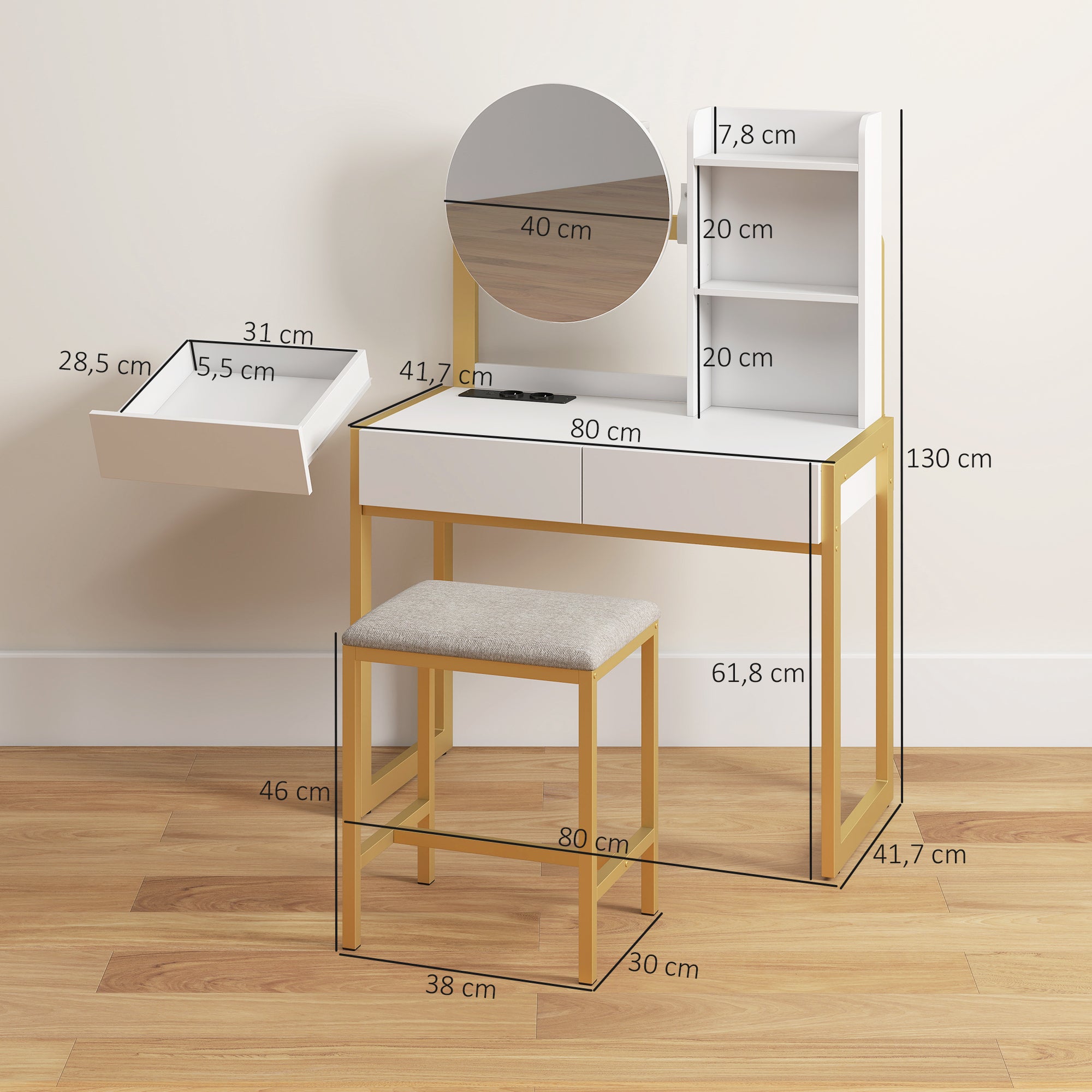 Coiffeuse avec miroir et tabouret, station de charge, table de maquillage avec 2 tiroirs, 3 étagères ouvertes, assise rembourrée, cadre en métal, pour chambre à coucher, blanc