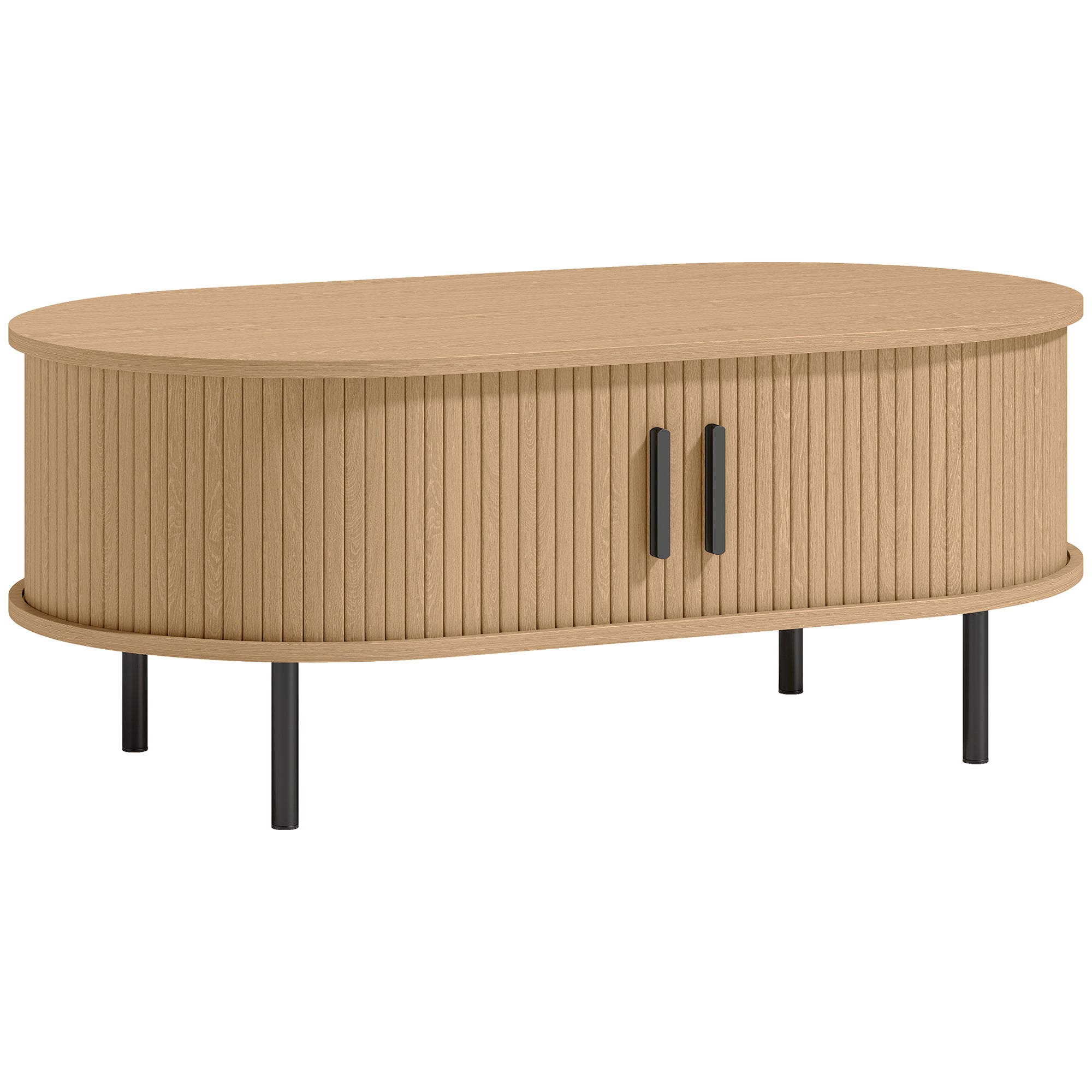 Table basse ovale en bois, table de salon moderne avec portes coulissantes et compartiments cachés, pieds en métal, pour chambre, séjour et bureau, 100 x 55 x 40 cm, effet bois naturel