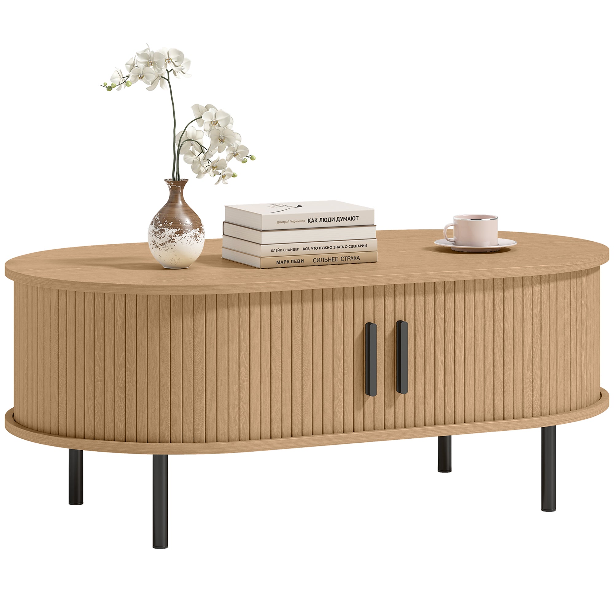 Table basse ovale en bois, table de salon moderne avec portes coulissantes et compartiments cachés, pieds en métal, pour chambre, séjour et bureau, 100 x 55 x 40 cm, effet bois naturel