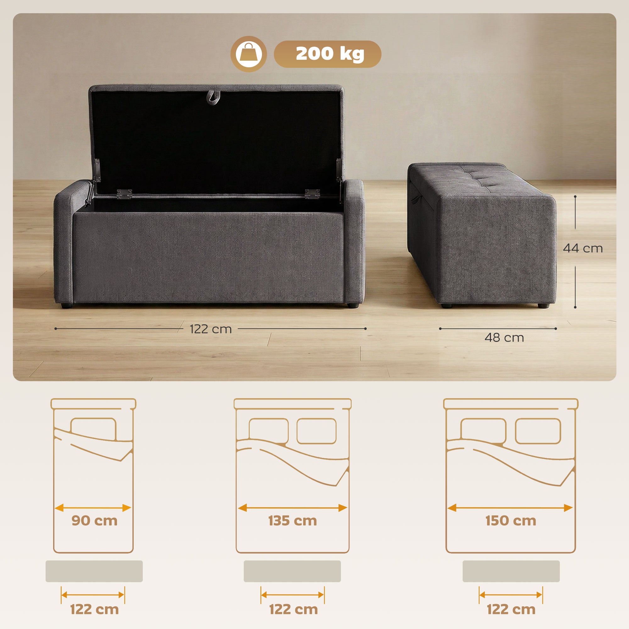 Banc de rangement, bout de lit, repose-pieds rembourré en lin avec assise large et confortable, coffre de rangement pour salon, chambre, entrée, 122 x 48 x 44 cm, gris foncé