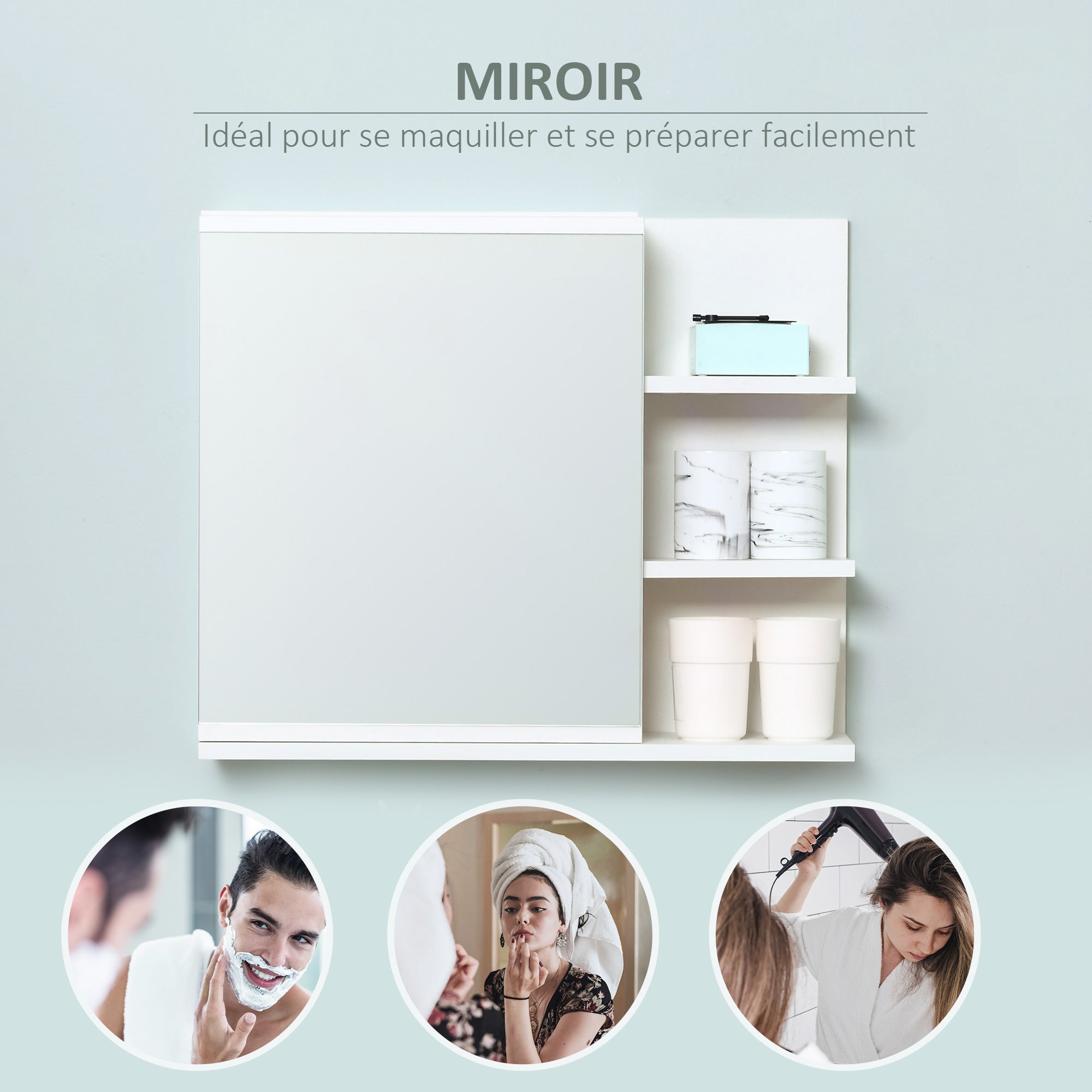 Armoire Miroir de Salle de Bain avec étagère - 3 étagères latérales - kit Installation Murale fourni - en Bois Aspect Blanc