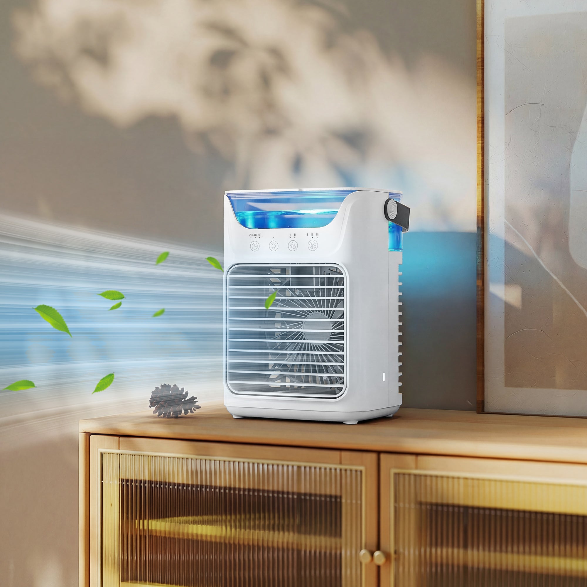 Ventilateur de table avec lumière RGB, ventilateur de bureau avec tête orientable, 3 vitesses, réservoir d'eau de 700 ml, pour chambre, dortoir et bureau, blanc