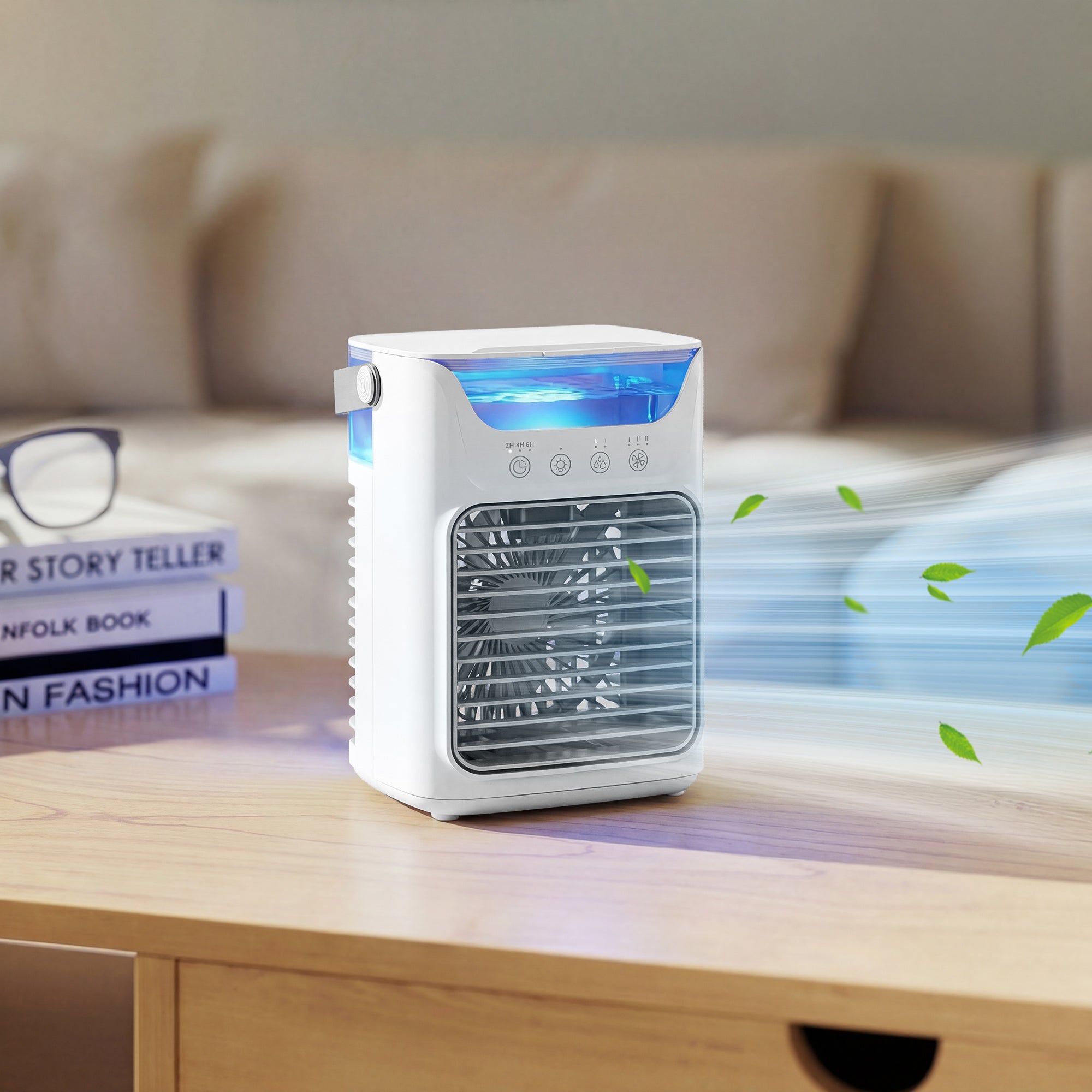 Ventilateur de table avec lumière RGB, ventilateur de bureau avec tête orientable, 3 vitesses, réservoir d'eau de 700 ml, pour chambre, dortoir et bureau, blanc