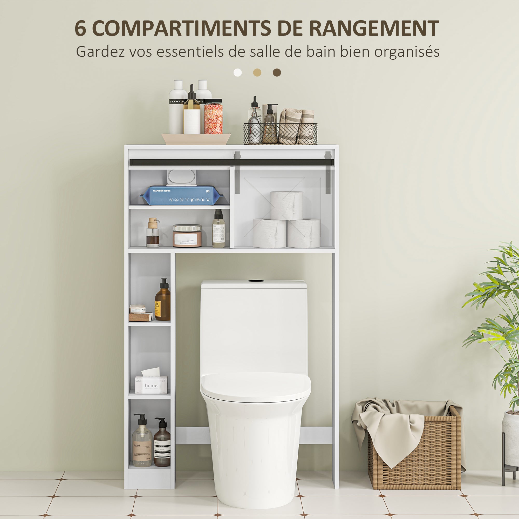 Meuble WC dessus de toilette meuble toilettes WC rangement armoire de rangement de salle de bain avec porte coulissante, compartiments et étagère réglable, blanc