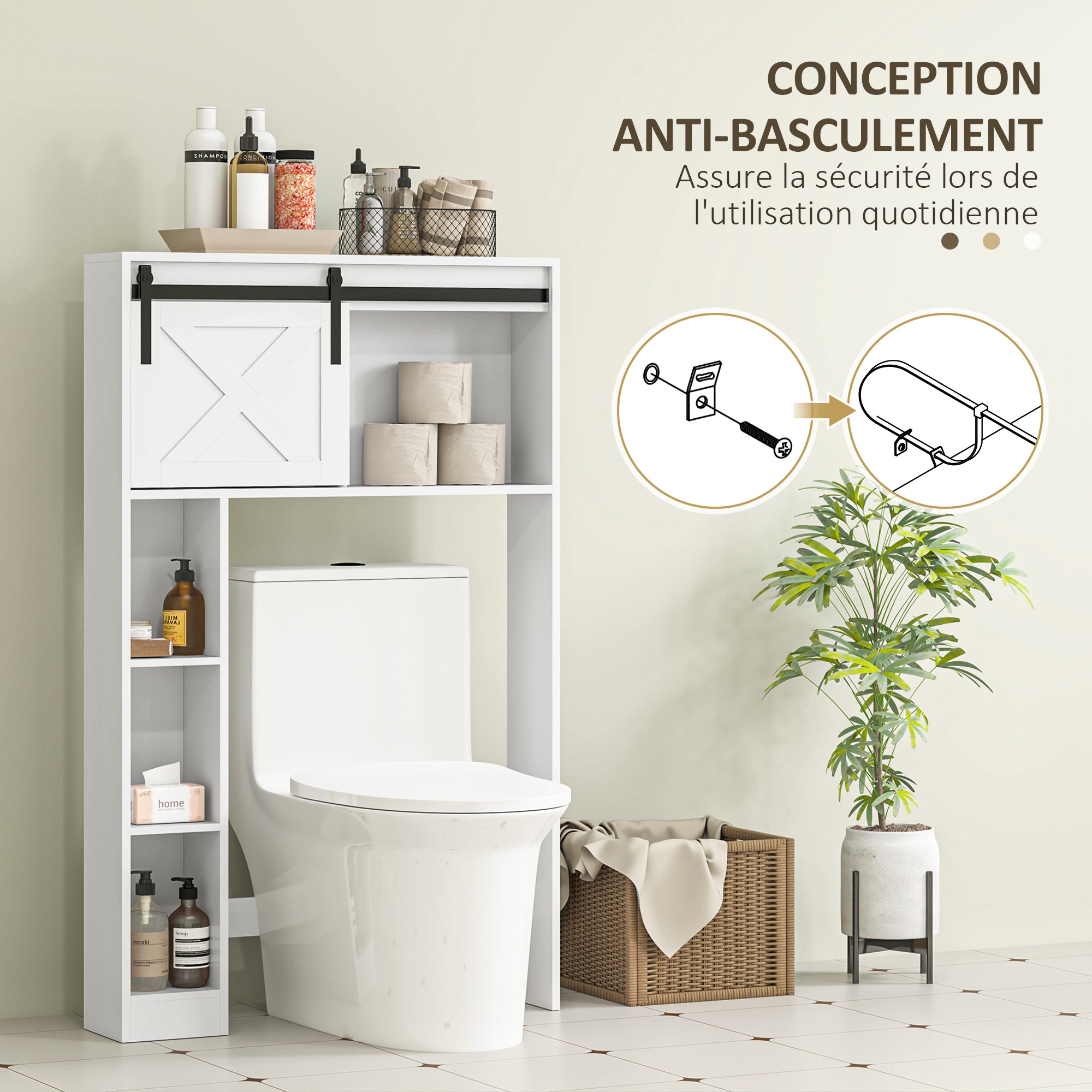 Meuble WC dessus de toilette meuble toilettes WC rangement armoire de rangement de salle de bain avec porte coulissante, compartiments et étagère réglable, blanc
