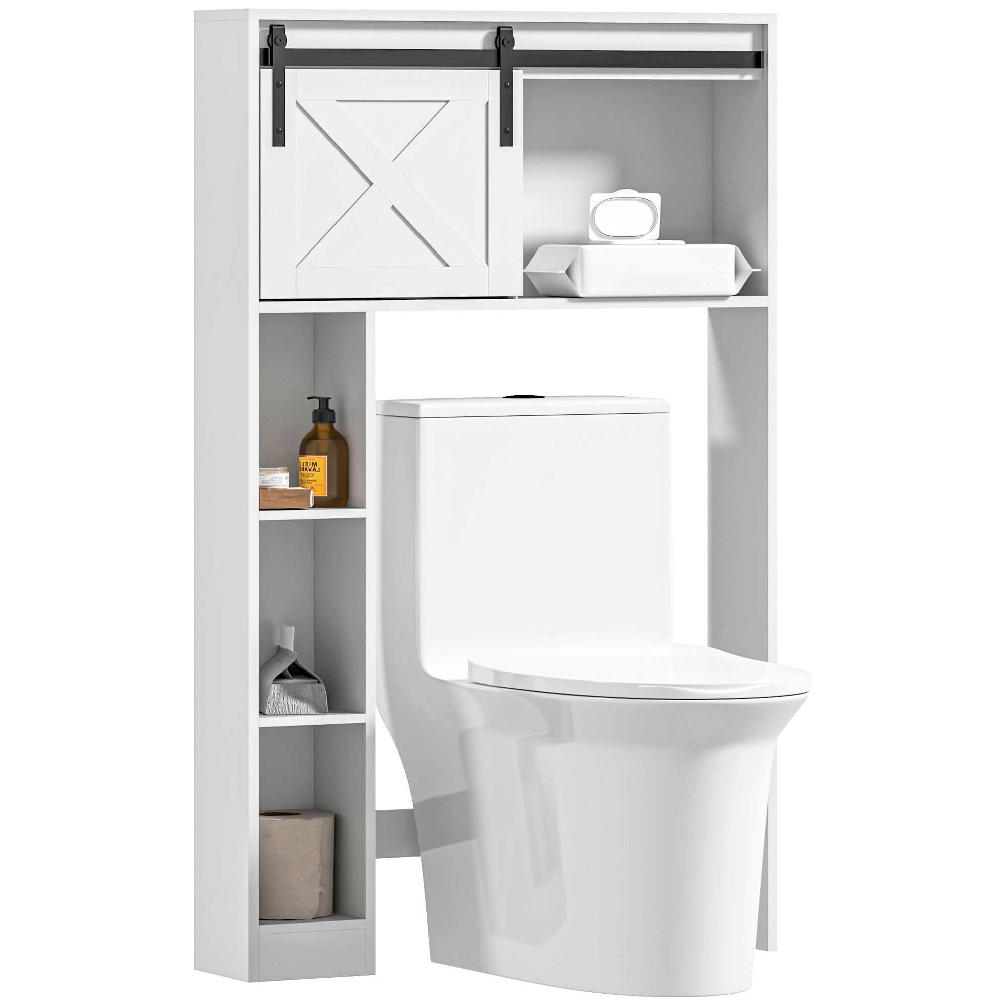 Meuble WC dessus de toilette meuble toilettes WC rangement armoire de rangement de salle de bain avec porte coulissante, compartiments et étagère réglable, blanc