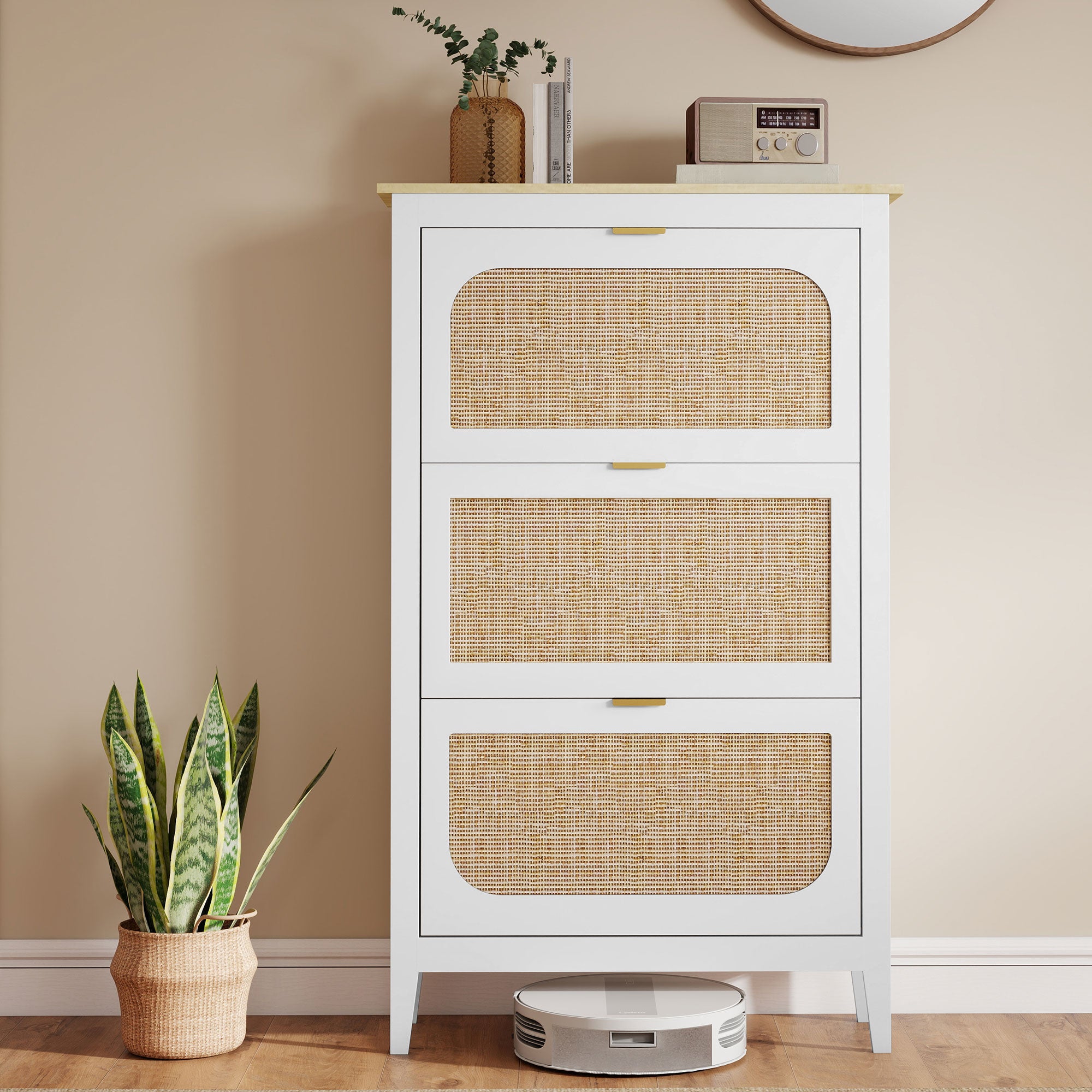 Meuble à chaussures 21 paires, armoire à chaussures étroite bohème avec 3 tiroirs rabattables, portes effet cannage rotin et étagères réglables, pour couloir et entrée, 80x24x131cm, blanc