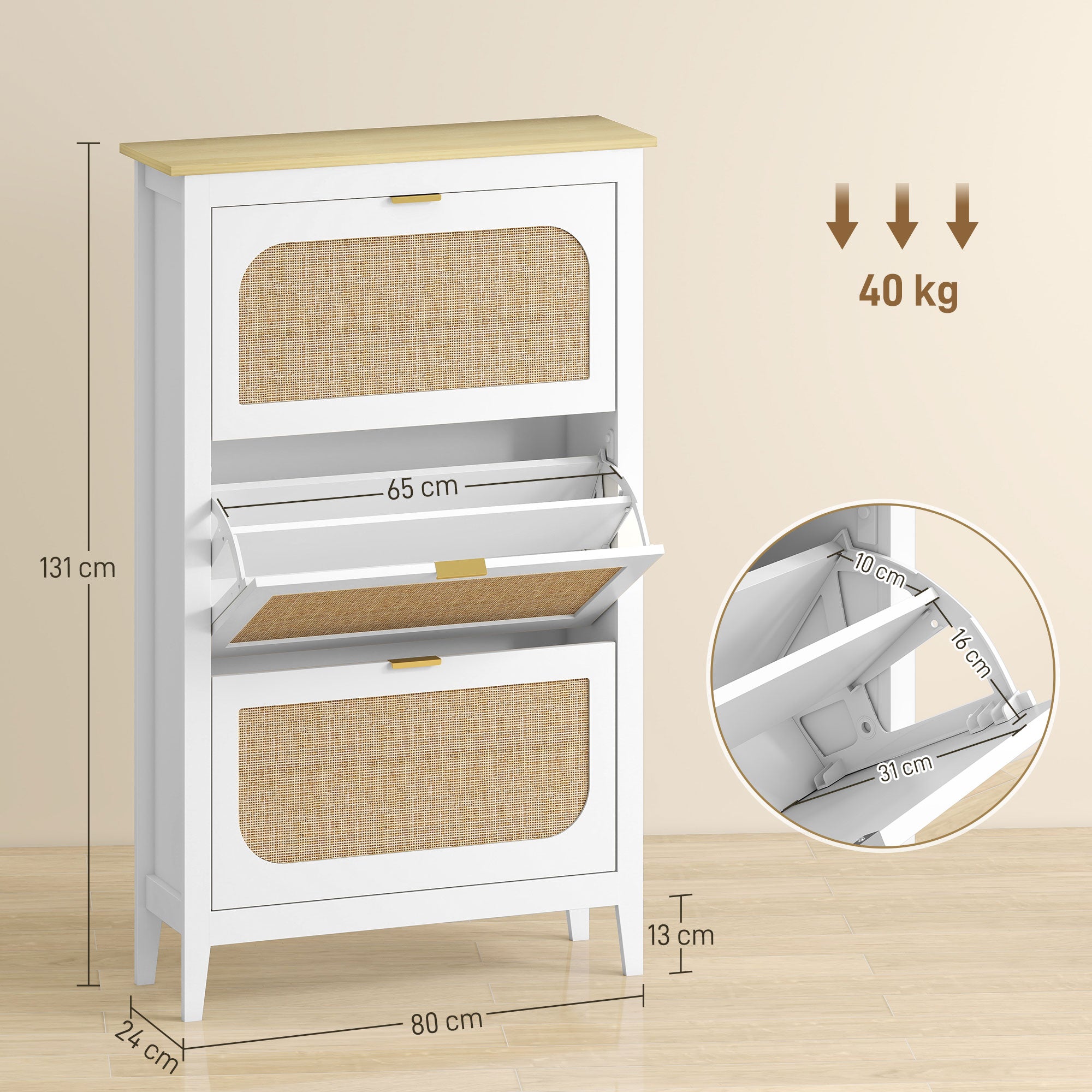Meuble à chaussures 21 paires, armoire à chaussures étroite bohème avec 3 tiroirs rabattables, portes effet cannage rotin et étagères réglables, pour couloir et entrée, 80x24x131cm, blanc