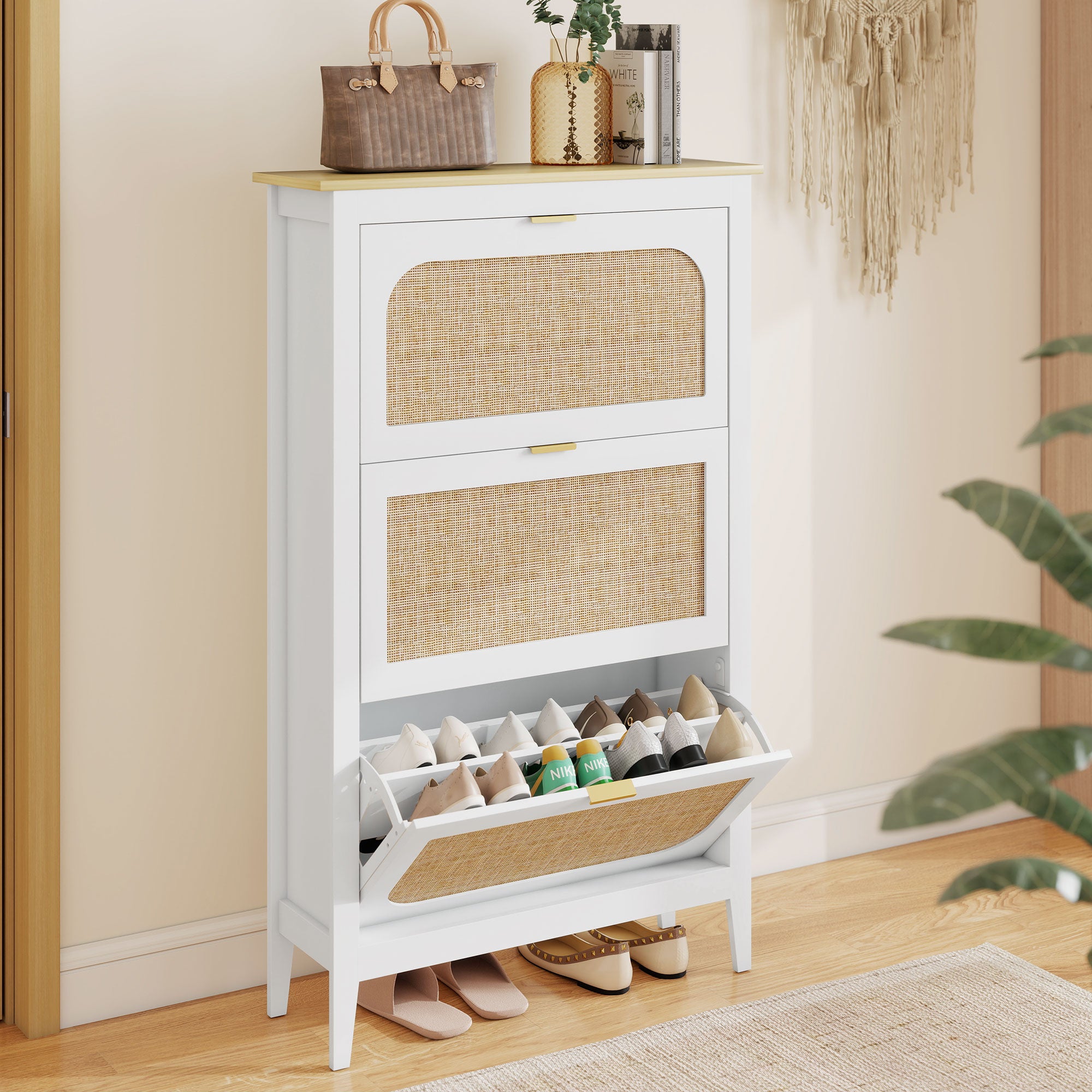 Meuble à chaussures 21 paires, armoire à chaussures étroite bohème avec 3 tiroirs rabattables, portes effet cannage rotin et étagères réglables, pour couloir et entrée, 80x24x131cm, blanc