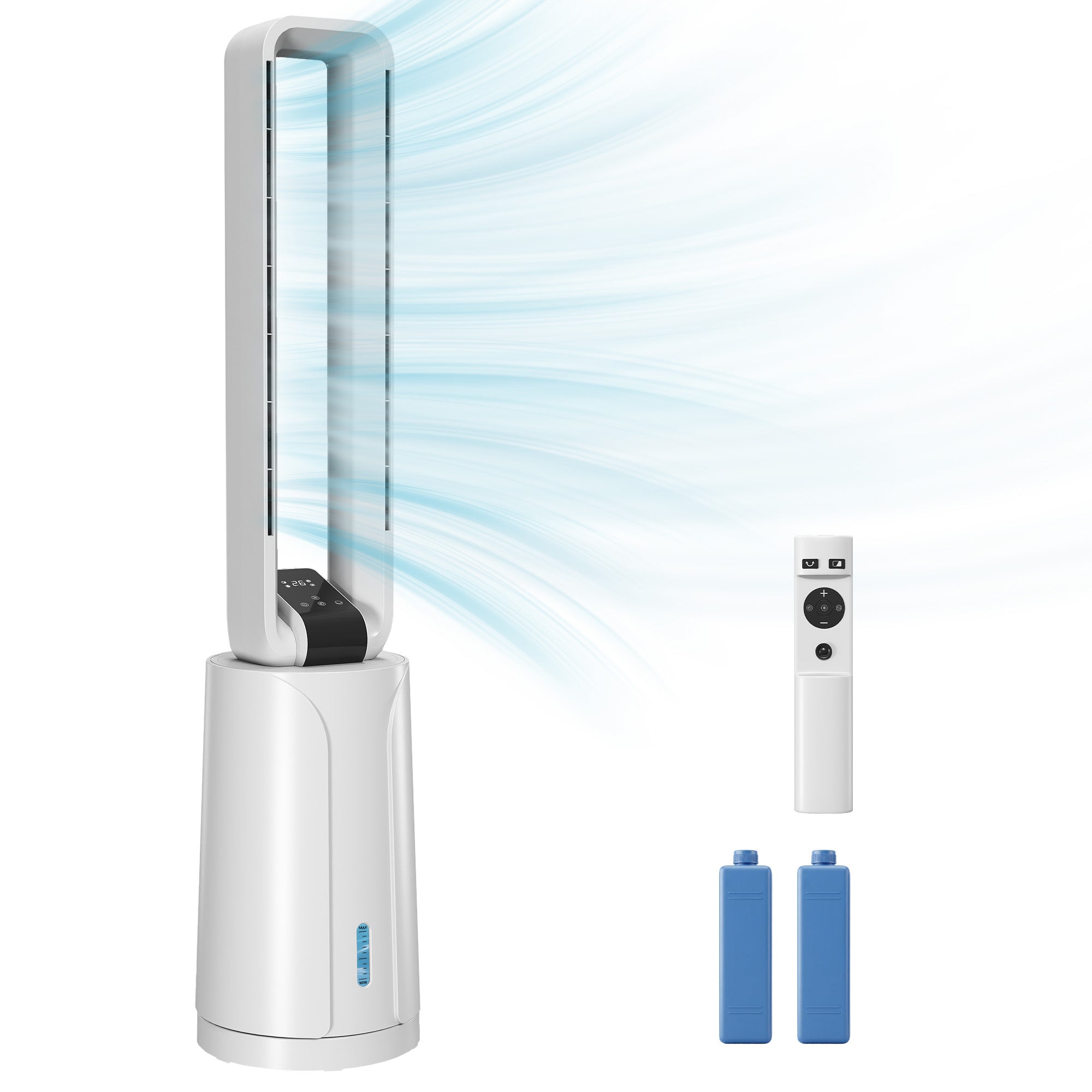 Refroidisseur d'air par évaporation portable 3 en 1 humidificateur et ventilateur, 2 blocs réfrigérants, réservoir d'eau de 1,7 L, minuterie 15 h, oscillation à 70°, télécommande, blanc