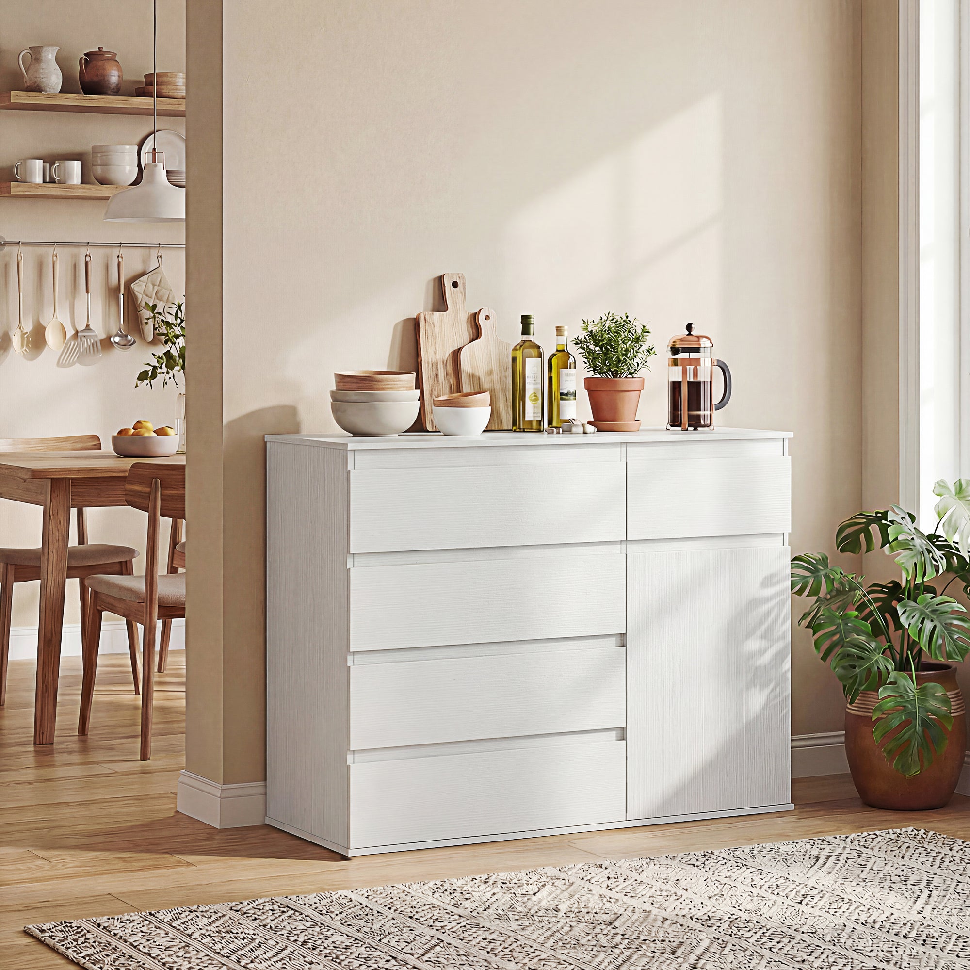 Buffet salon, meuble de rangement avec 5 tiroirs, étagère réglable et porte à fermeture douce, style moderne, buffet salle à manger et cuisine, 100 x 40 x 80 cm, blanc