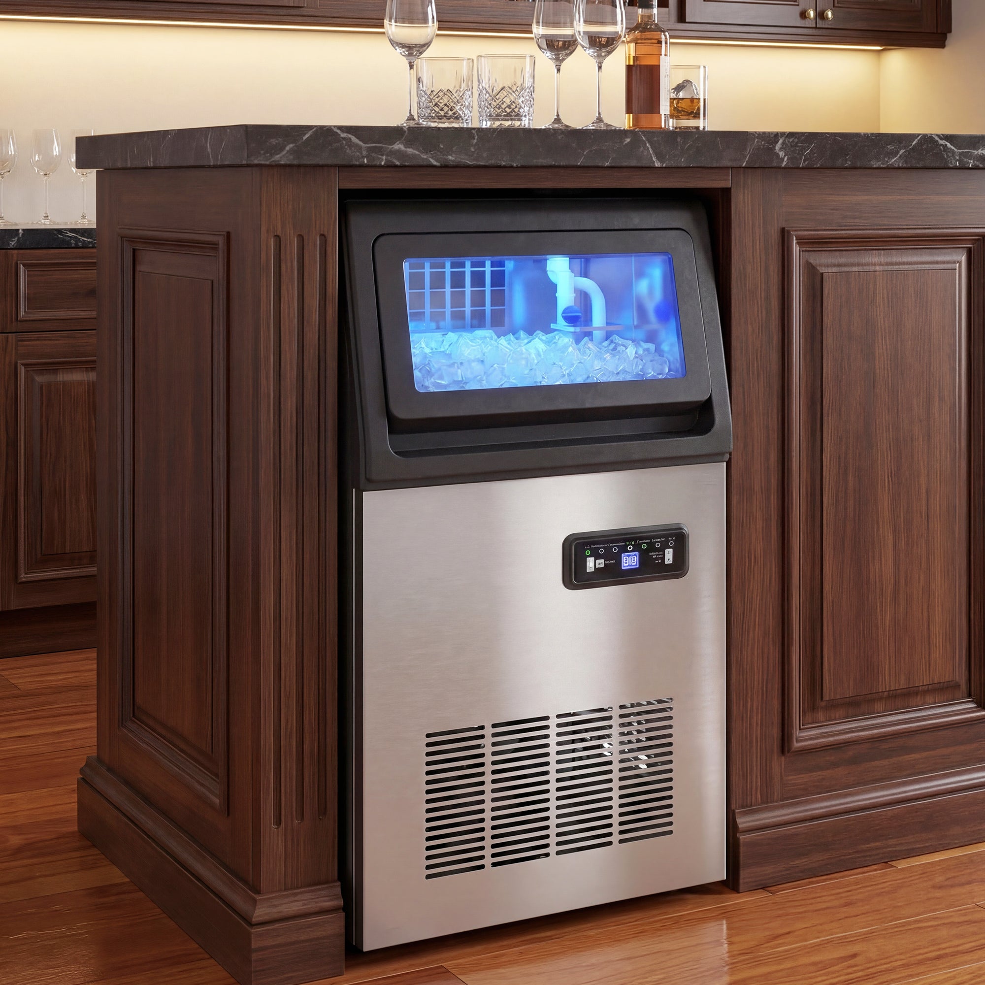 Machine à Glaçons Commerciale 36 kg/24H, Acier inoxydable, Ice Maker Professionnel, Capacité 7,5 kg, 36 Cubes par 10 Minutes, Nettoyage Automatique, Minuterie, à Encastrer ou à Poser, Argenté