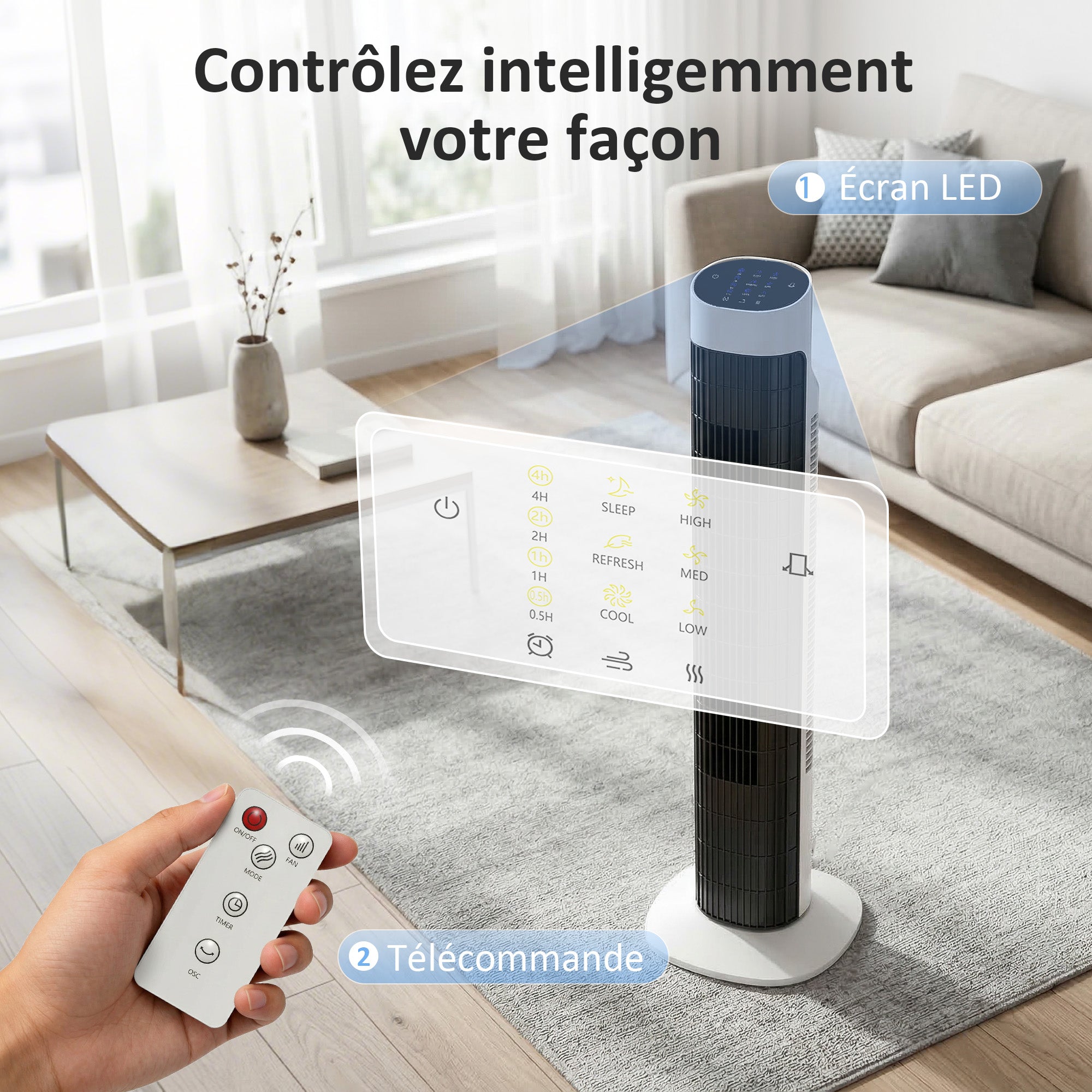 Ventilateur colonne, ventilateur tour pour chambre, 80 cm de haut, oscillant à 70°, écran LED, télécommande, 3 vitesses, minuterie 12H, blanc et noir