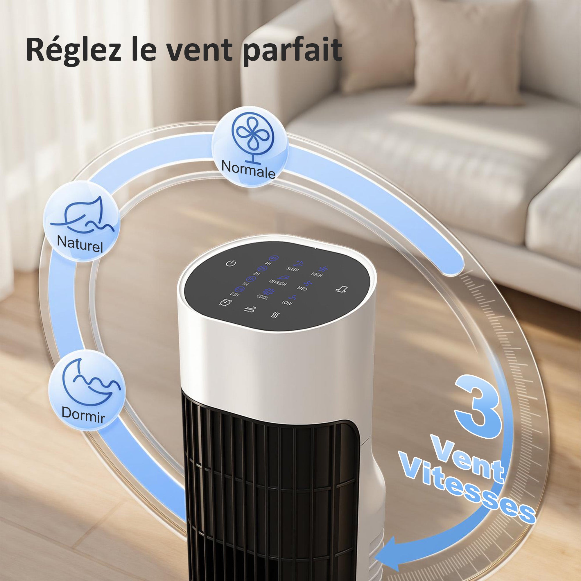 Ventilateur colonne, ventilateur tour pour chambre, 80 cm de haut, oscillant à 70°, écran LED, télécommande, 3 vitesses, minuterie 12H, blanc et noir