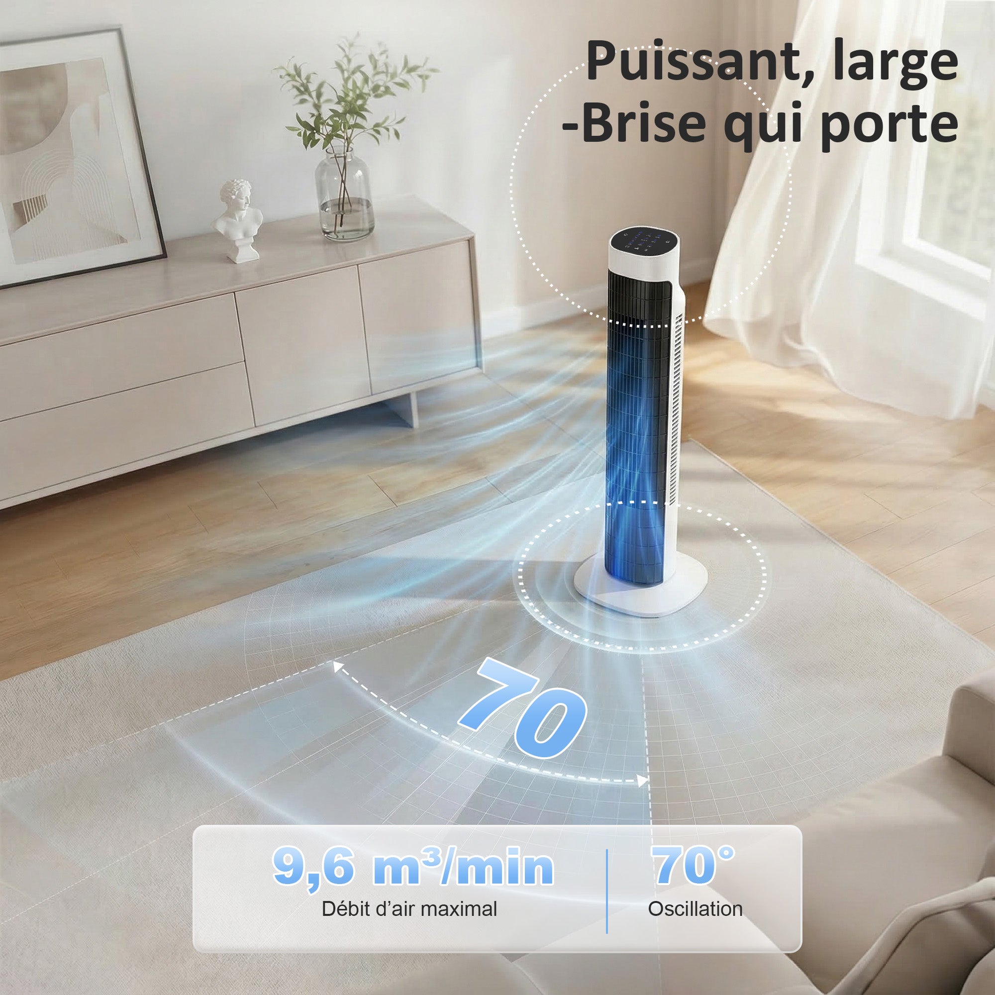 Ventilateur colonne, ventilateur tour pour chambre, 80 cm de haut, oscillant à 70°, écran LED, télécommande, 3 vitesses, minuterie 12H, blanc et noir