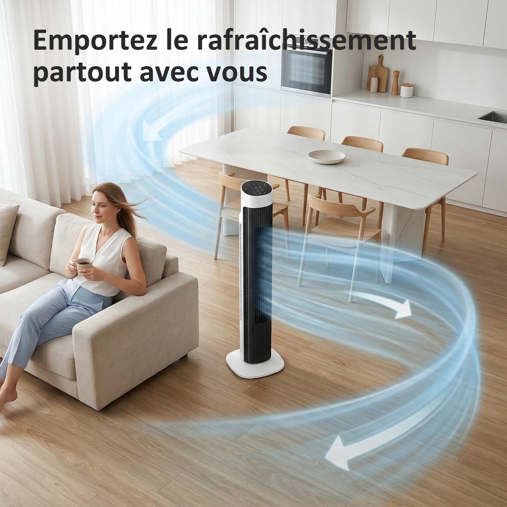 Ventilateur colonne, ventilateur tour pour chambre, 80 cm de haut, oscillant à 70°, écran LED, télécommande, 3 vitesses, minuterie 12H, blanc et noir