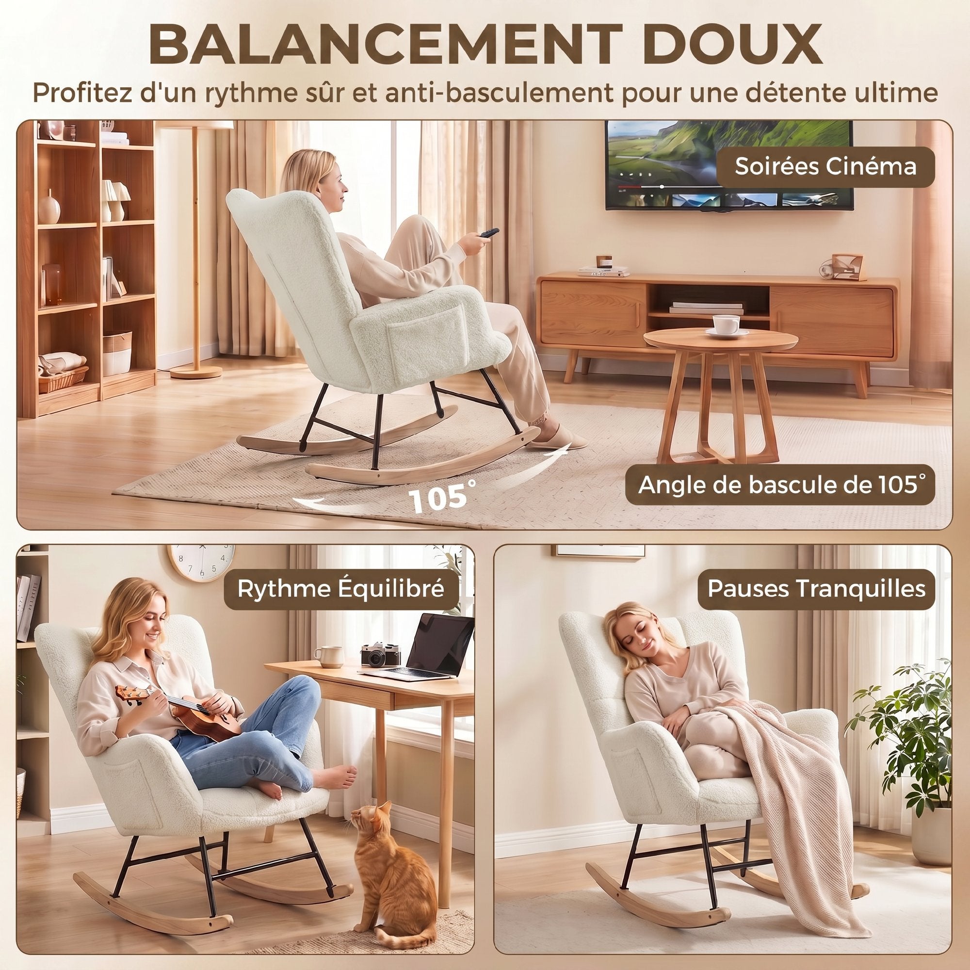 Fauteuil à Bascule, Rocking Chair en Peluche Teddy, Poches Latérales, Dossier à Oreilles Capitonné, Assise Rembourrée, Pieds en Bois d'hévéa, Chaise à Bascule Moderne pour Salon, Chambre, Crème