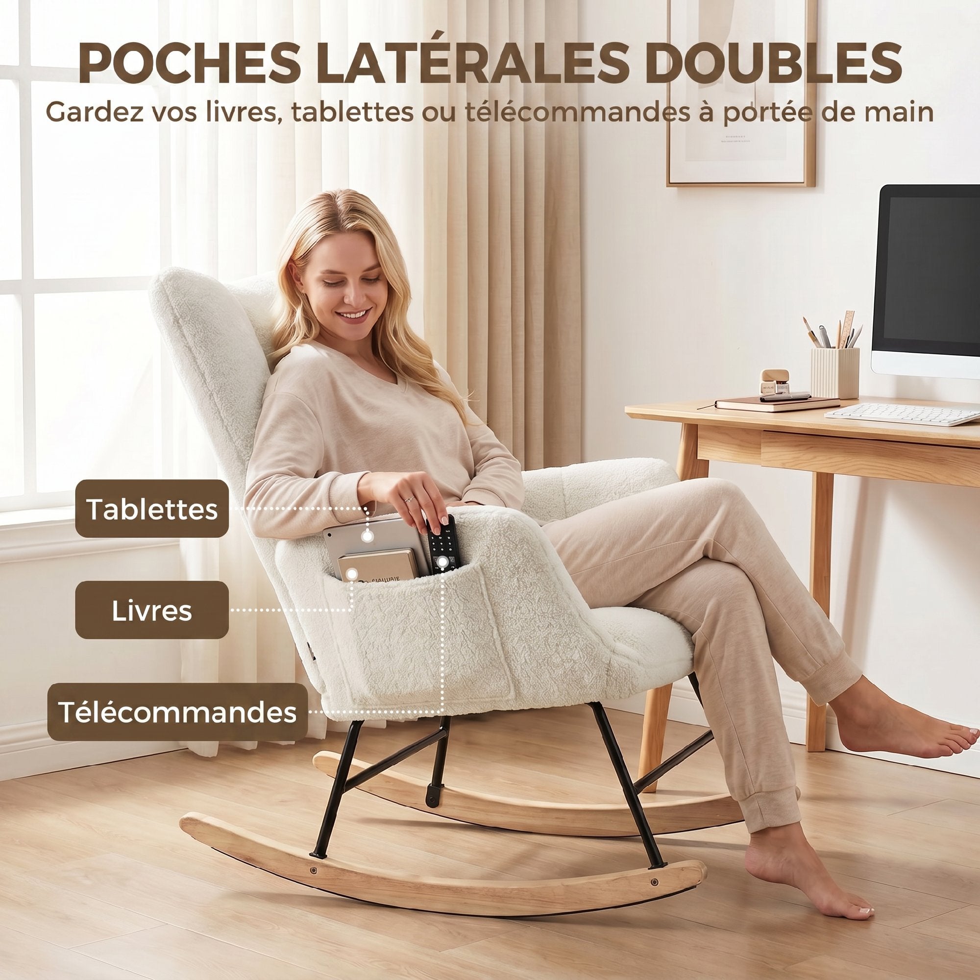 Fauteuil à Bascule, Rocking Chair en Peluche Teddy, Poches Latérales, Dossier à Oreilles Capitonné, Assise Rembourrée, Pieds en Bois d'hévéa, Chaise à Bascule Moderne pour Salon, Chambre, Crème