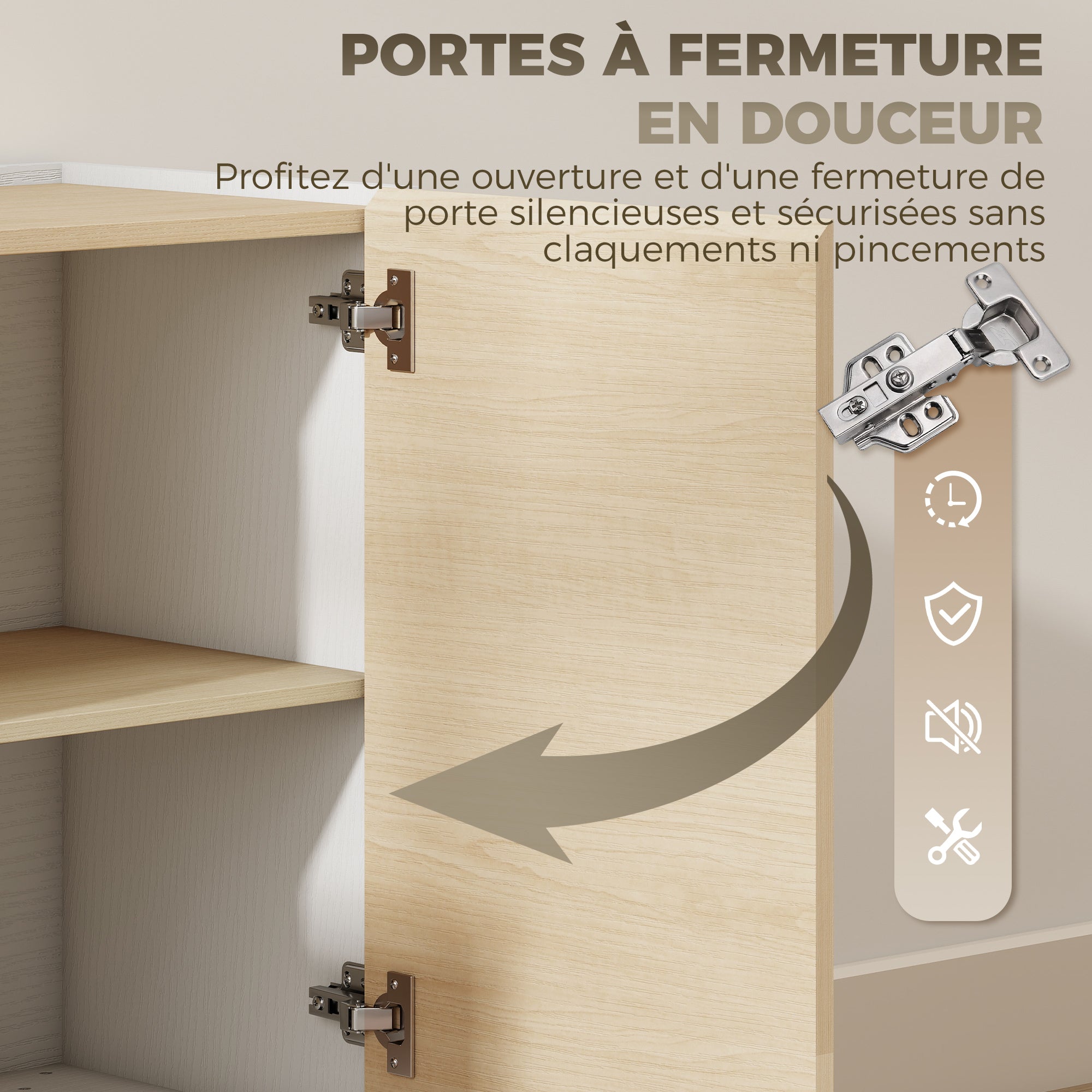 Buffet Cuisine, Meuble de Rangement Nordique, 3 Portes à Fermeture Douce, 6 Compartiments, Meuble TV pour Téléviseurs 50 Pouces, pour Salon et Chambre, 120x35x73,5cm, Bois Naturel et Blanc