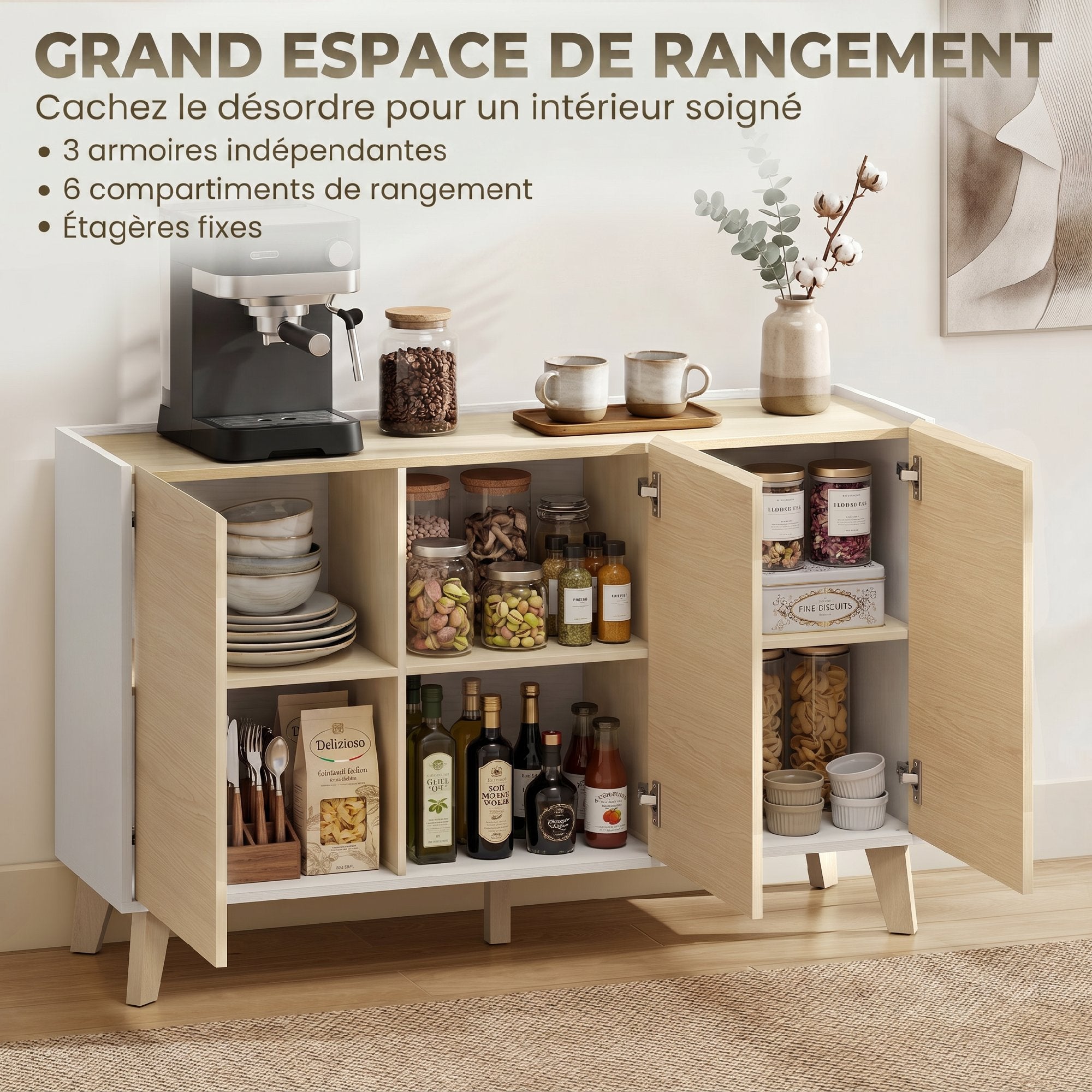 Buffet Cuisine, Meuble de Rangement Nordique, 3 Portes à Fermeture Douce, 6 Compartiments, Meuble TV pour Téléviseurs 50 Pouces, pour Salon et Chambre, 120x35x73,5cm, Bois Naturel et Blanc
