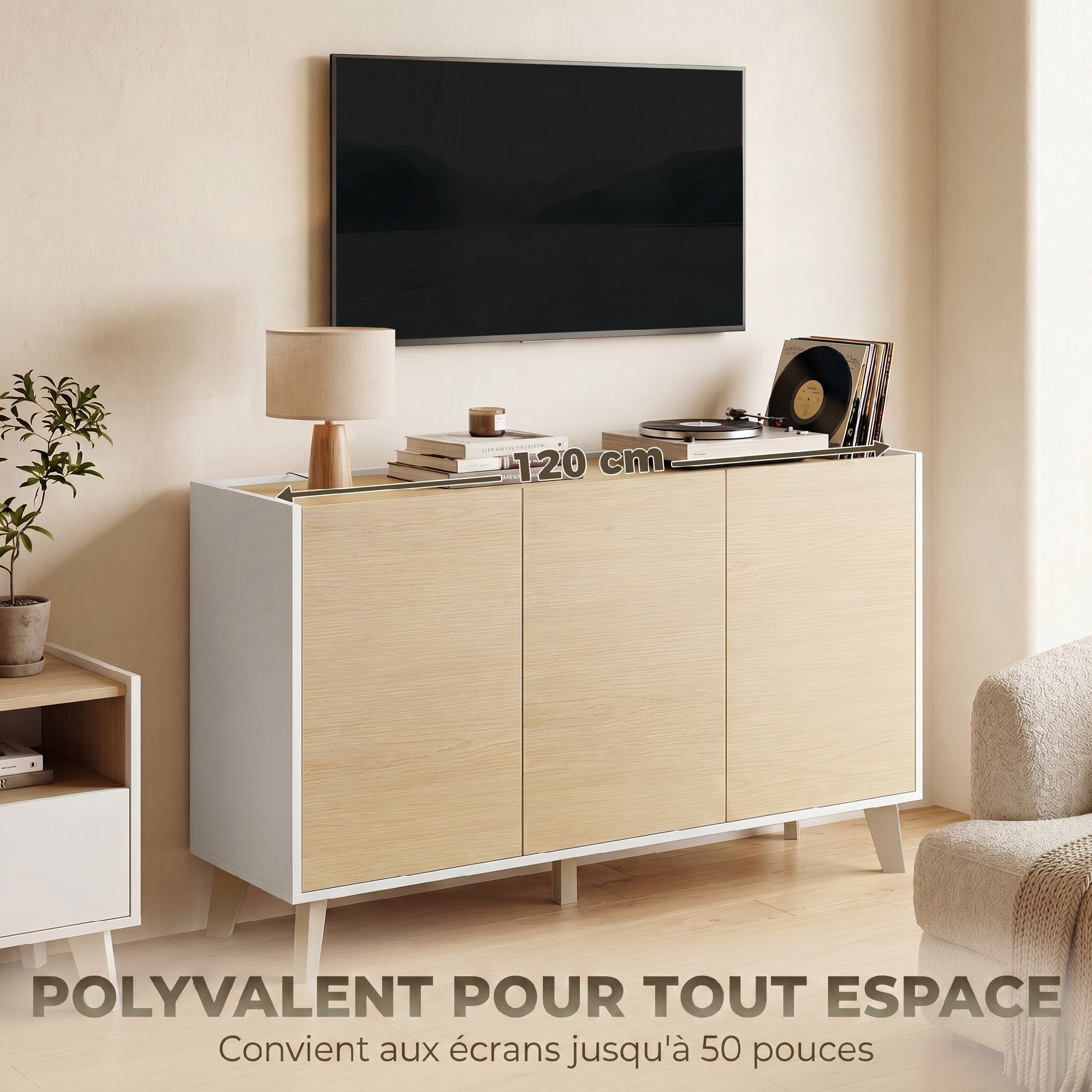 Buffet Cuisine, Meuble de Rangement Nordique, 3 Portes à Fermeture Douce, 6 Compartiments, Meuble TV pour Téléviseurs 50 Pouces, pour Salon et Chambre, 120x35x73,5cm, Bois Naturel et Blanc