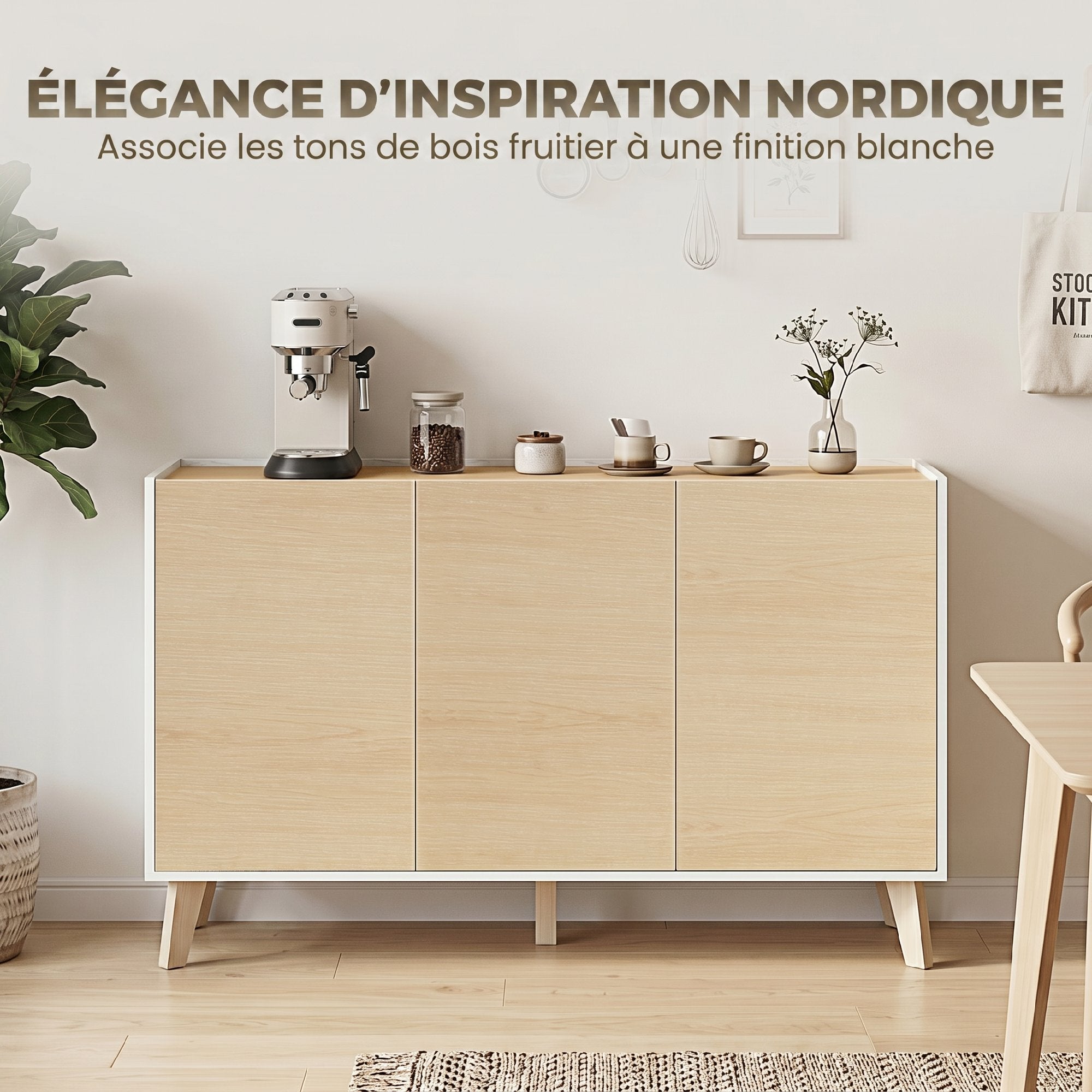 Buffet Cuisine, Meuble de Rangement Nordique, 3 Portes à Fermeture Douce, 6 Compartiments, Meuble TV pour Téléviseurs 50 Pouces, pour Salon et Chambre, 120x35x73,5cm, Bois Naturel et Blanc