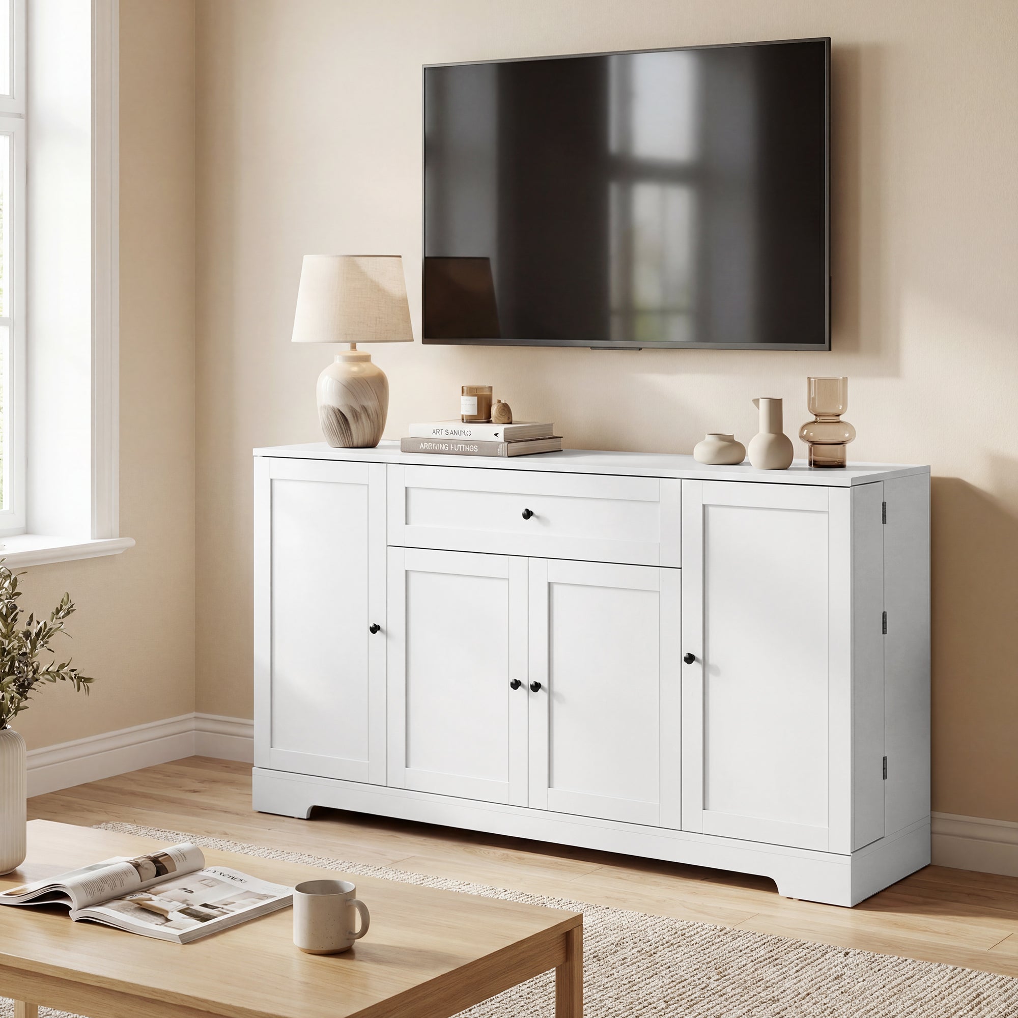 Buffet Cuisine, Meuble de Rangement avec Tiroir, 4 Portes à Fermeture Douce, Racks-Porte et Étagères Réglables, Meuble TV Jusqu'à 65 Pouces, pour Salon et Salle à Manger, 140x40x80cm, Blanc
