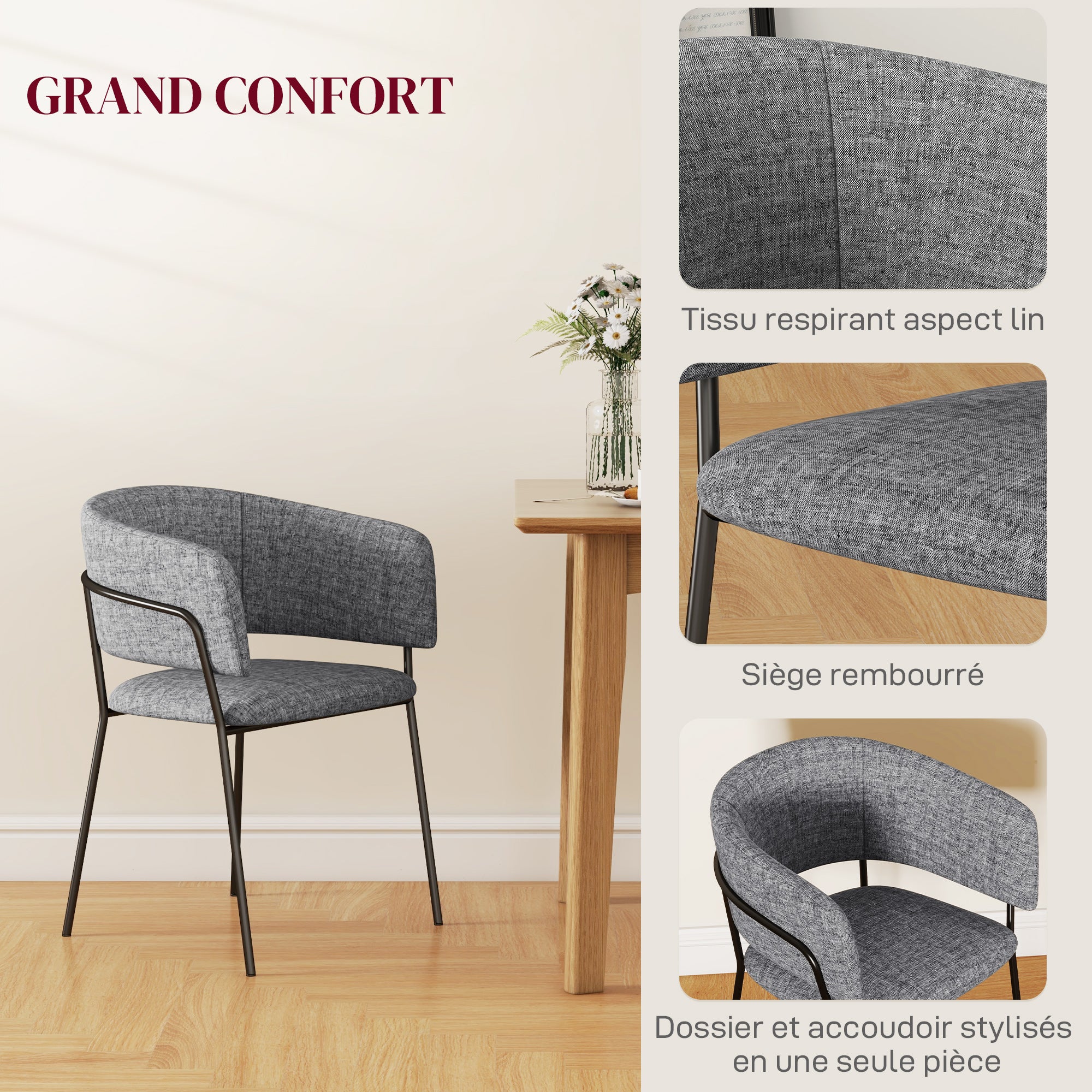 Lot de 2 chaises de salle à manger chaise de cuisine pieds en acier, assise rembourrée, pour salle à manger, salon, cuisine, dim. 57L x 53l x 73H cm gris