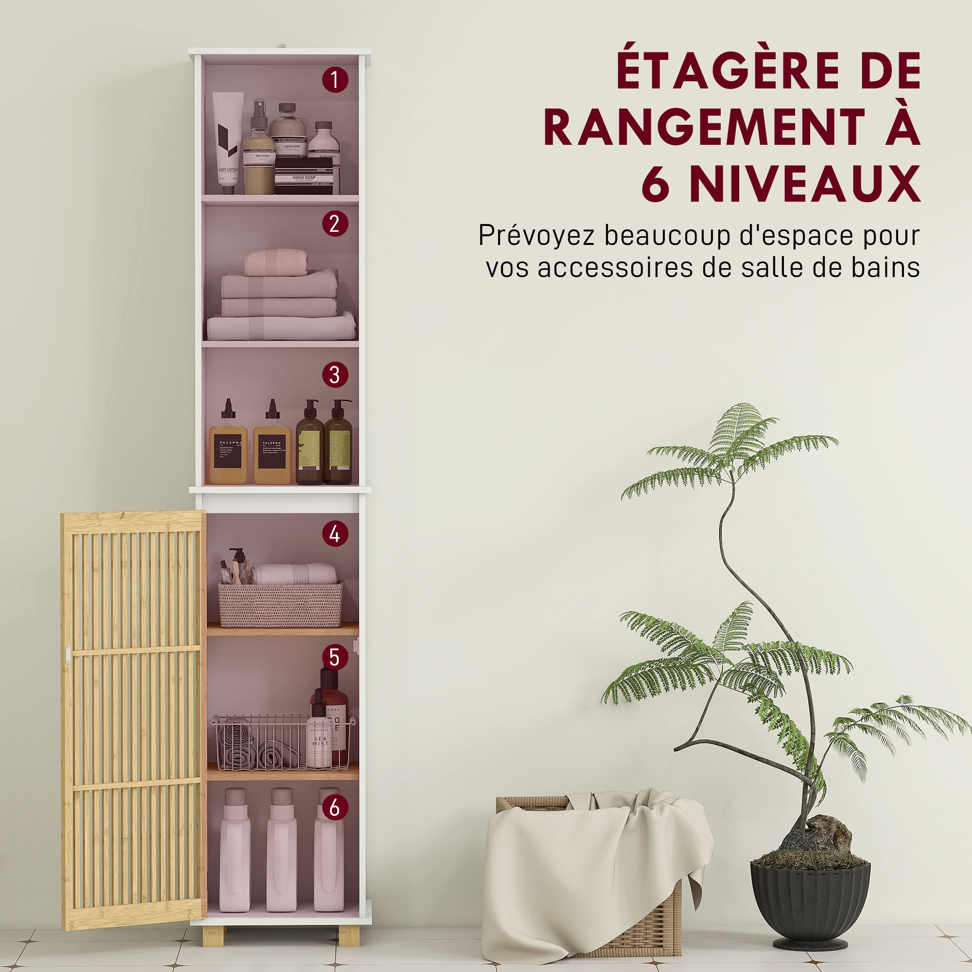 Colonne salle de bain, meuble salle de bain rangement, meuble de rangement avec porte à lattes en bambou et compartiments ouverts, armoire haute pour salon, cuisine - 35 x 26 x 173 cm, blanc