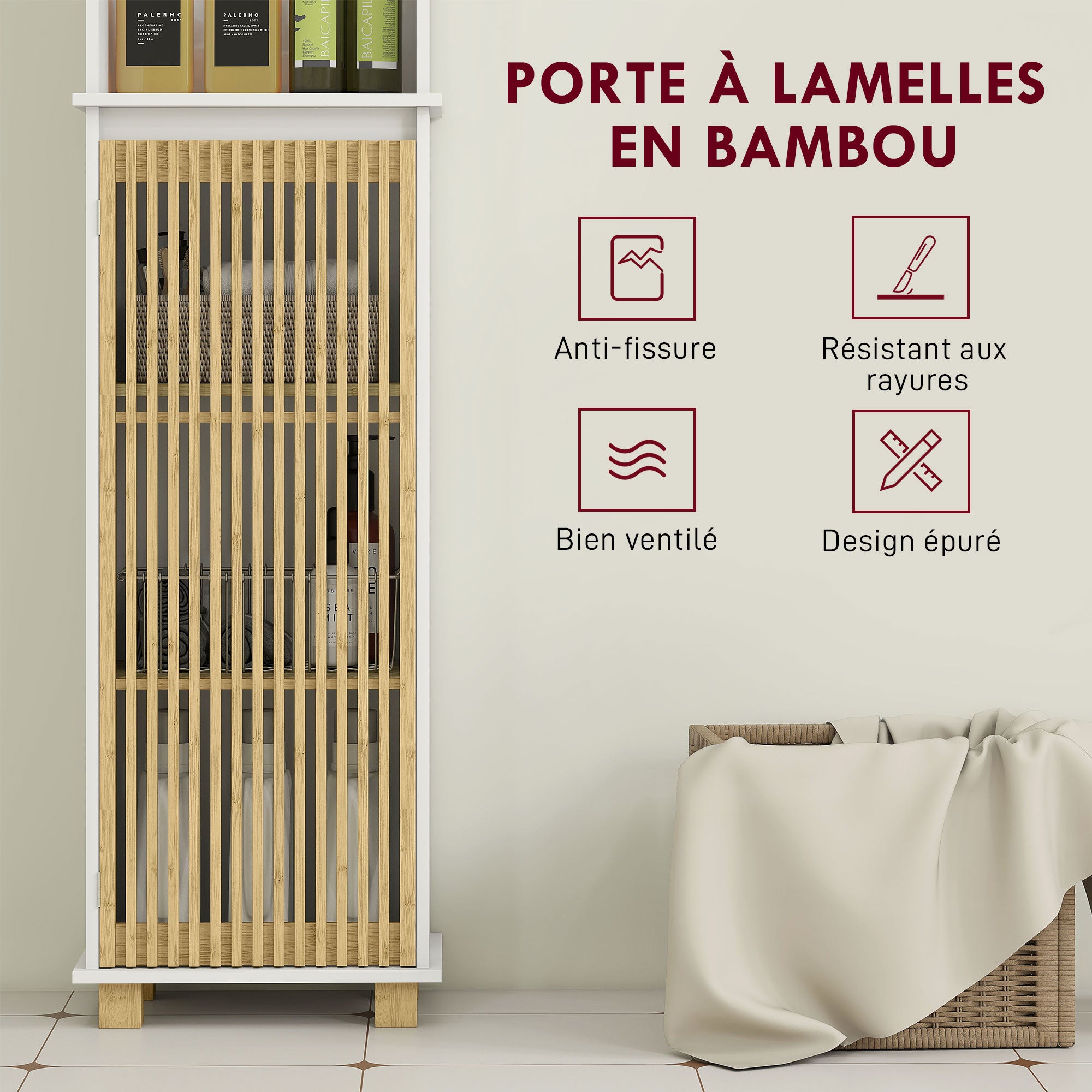 Colonne salle de bain, meuble salle de bain rangement, meuble de rangement avec porte à lattes en bambou et compartiments ouverts, armoire haute pour salon, cuisine - 35 x 26 x 173 cm, blanc
