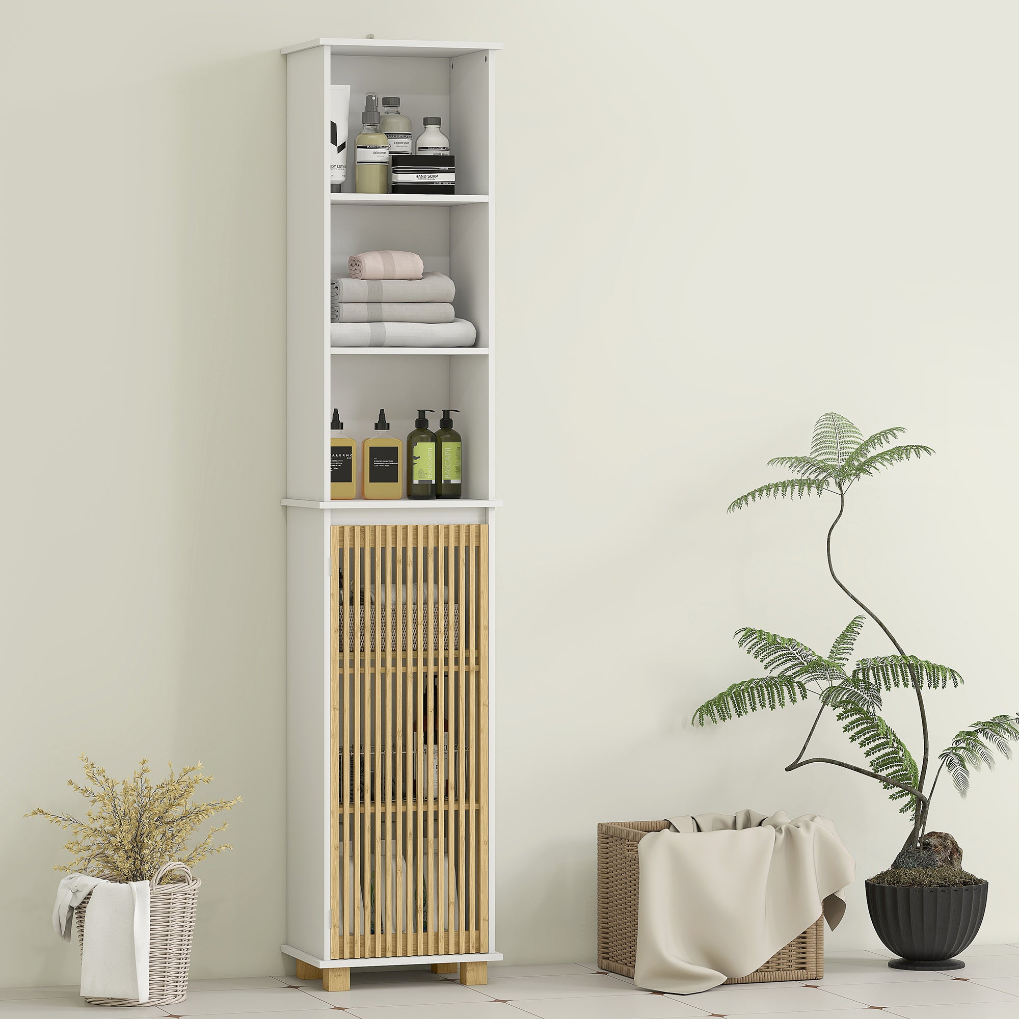 Colonne salle de bain, meuble salle de bain rangement, meuble de rangement avec porte à lattes en bambou et compartiments ouverts, armoire haute pour salon, cuisine - 35 x 26 x 173 cm, blanc