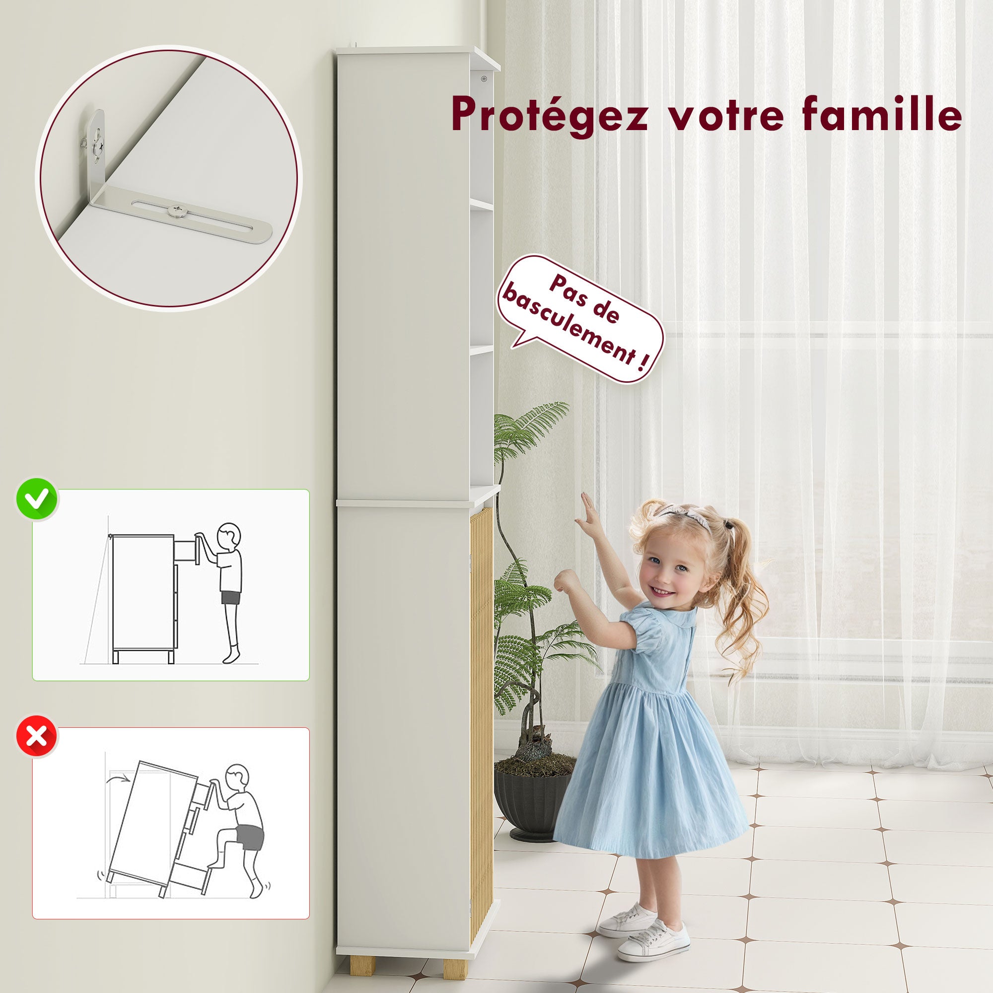 Colonne salle de bain, meuble salle de bain rangement, meuble de rangement avec porte à lattes en bambou et compartiments ouverts, armoire haute pour salon, cuisine - 35 x 26 x 173 cm, blanc