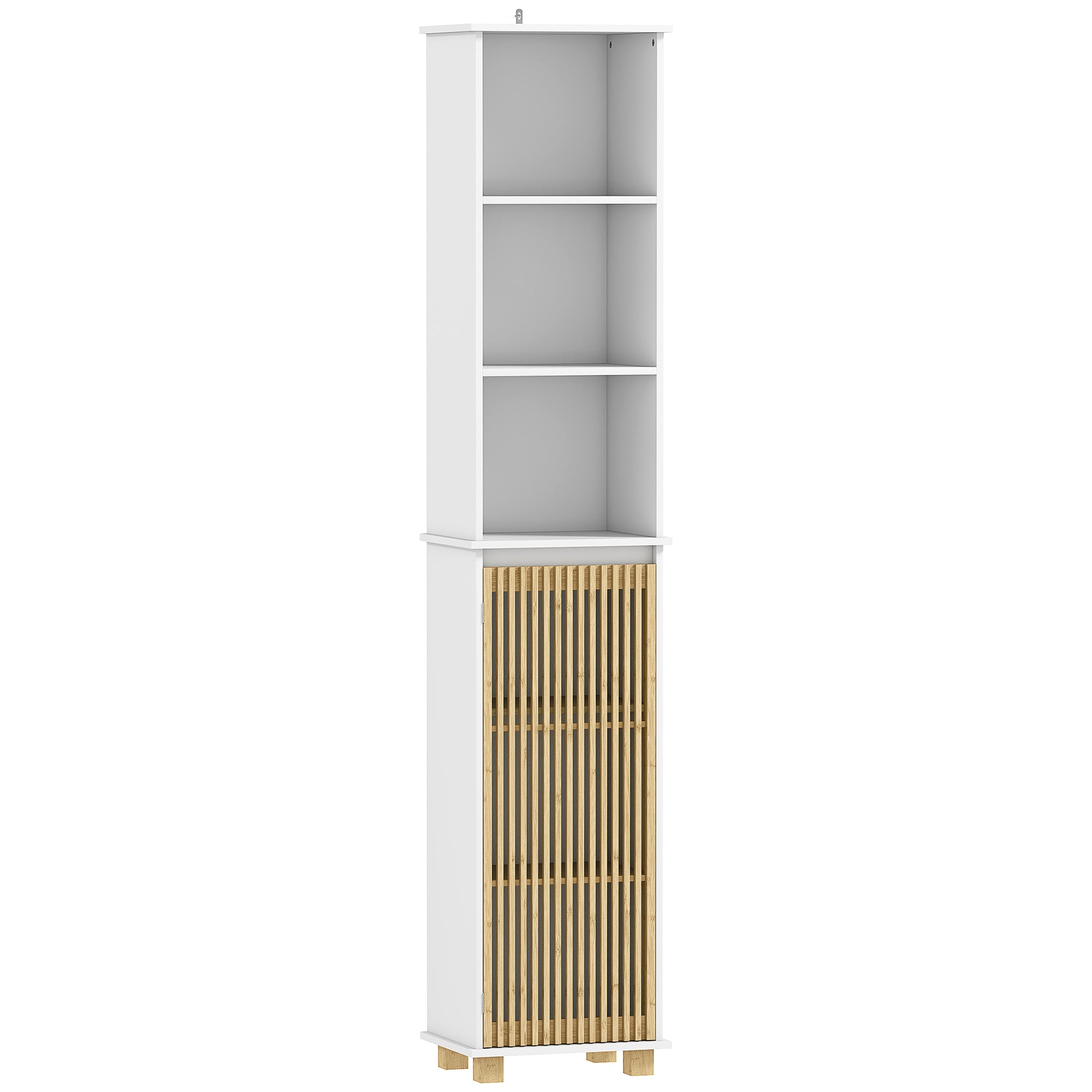 Colonne salle de bain, meuble salle de bain rangement, meuble de rangement avec porte à lattes en bambou et compartiments ouverts, armoire haute pour salon, cuisine - 35 x 26 x 173 cm, blanc