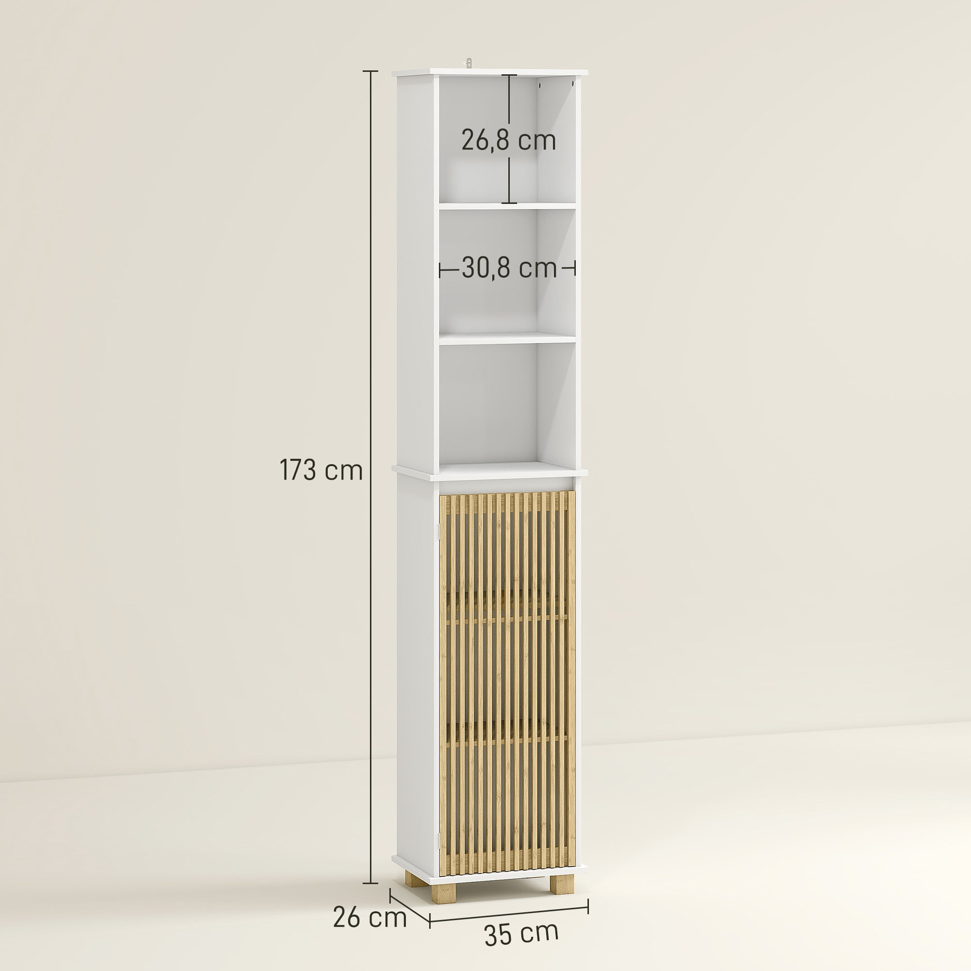 Colonne salle de bain, meuble salle de bain rangement, meuble de rangement avec porte à lattes en bambou et compartiments ouverts, armoire haute pour salon, cuisine - 35 x 26 x 173 cm, blanc