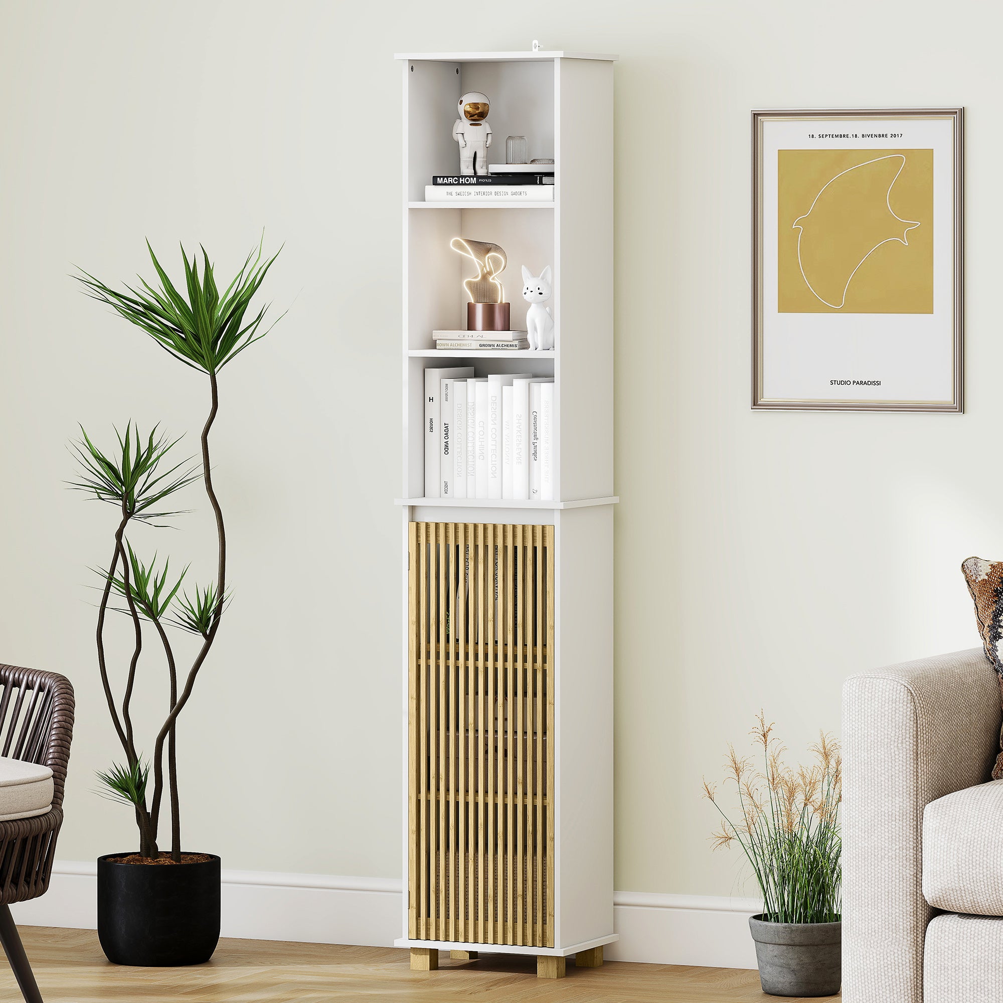 Colonne salle de bain, meuble salle de bain rangement, meuble de rangement avec porte à lattes en bambou et compartiments ouverts, armoire haute pour salon, cuisine - 35 x 26 x 173 cm, blanc