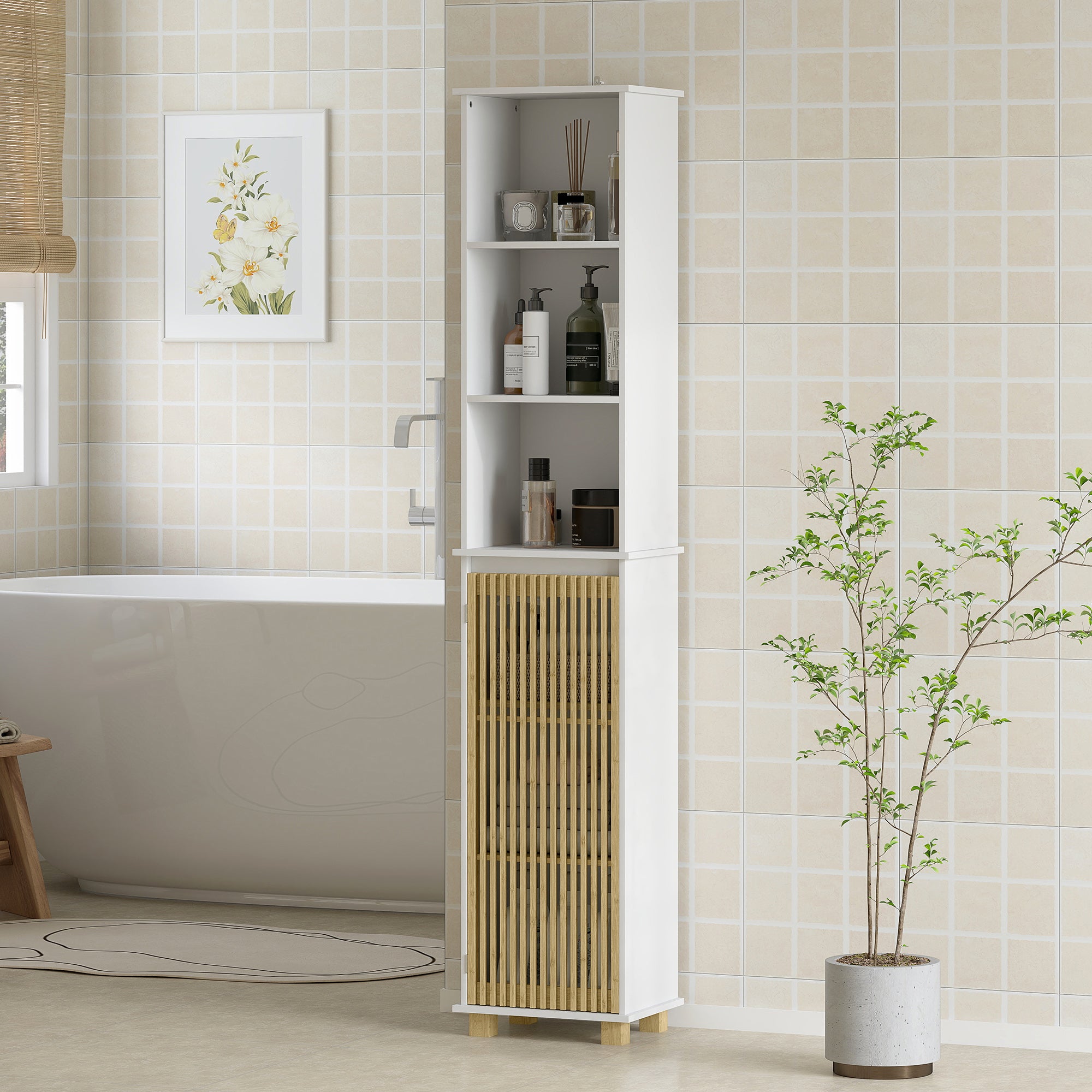 Colonne salle de bain, meuble salle de bain rangement, meuble de rangement avec porte à lattes en bambou et compartiments ouverts, armoire haute pour salon, cuisine - 35 x 26 x 173 cm, blanc