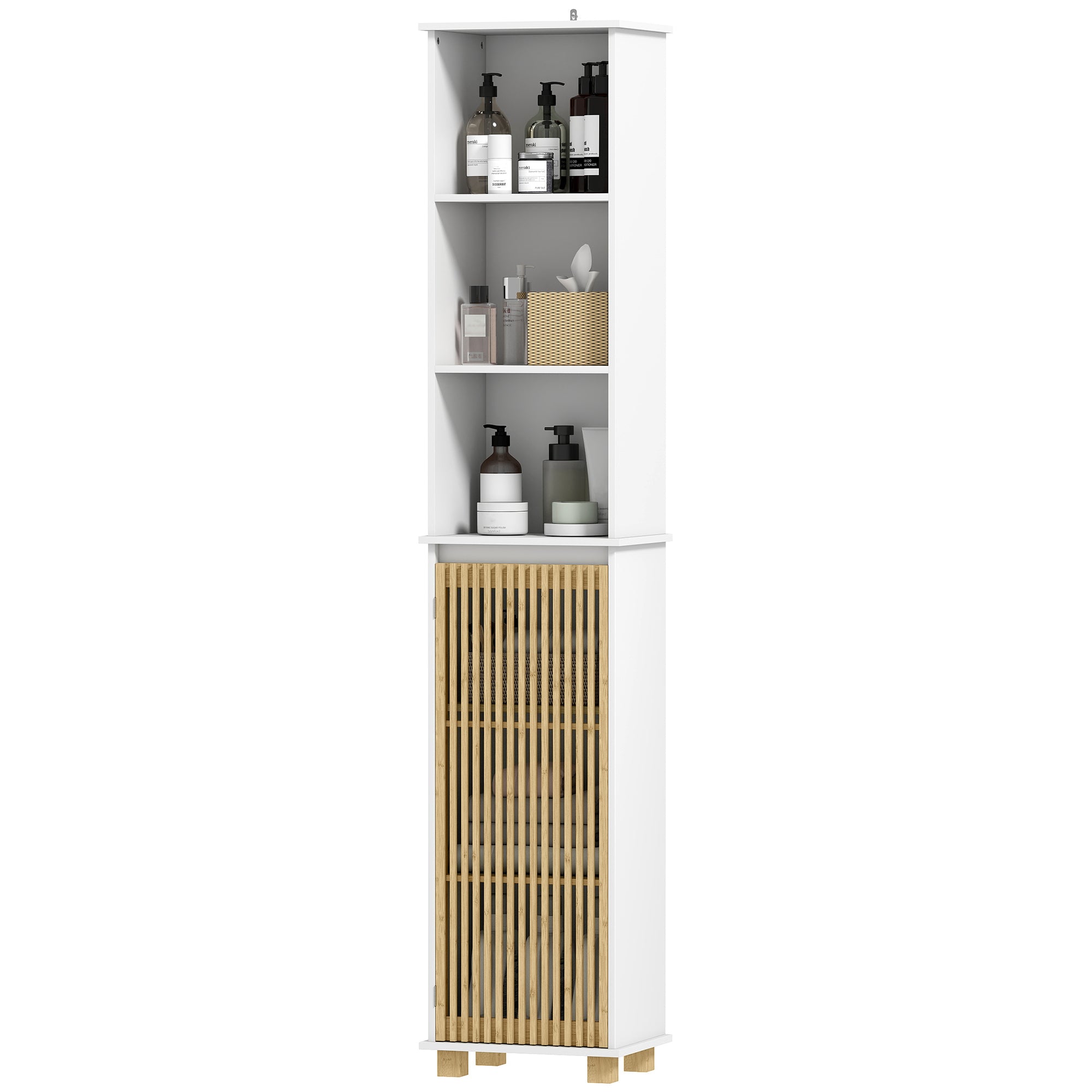 Colonne salle de bain, meuble salle de bain rangement, meuble de rangement avec porte à lattes en bambou et compartiments ouverts, armoire haute pour salon, cuisine - 35 x 26 x 173 cm, blanc