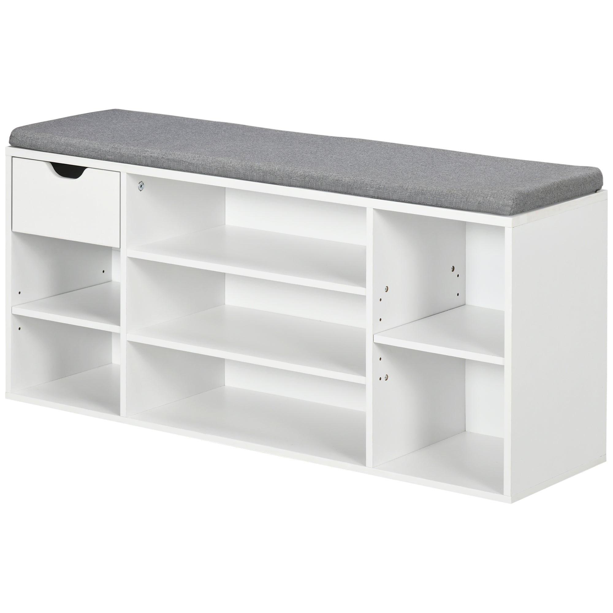 Banc à chaussures meuble à chaussures avec coussin d'assise, étagères réglables, compartiments ouverts et tiroir, banc d'entrée, couloir, chambre, 101 x 29 x 47,5 cm, blanc et gris