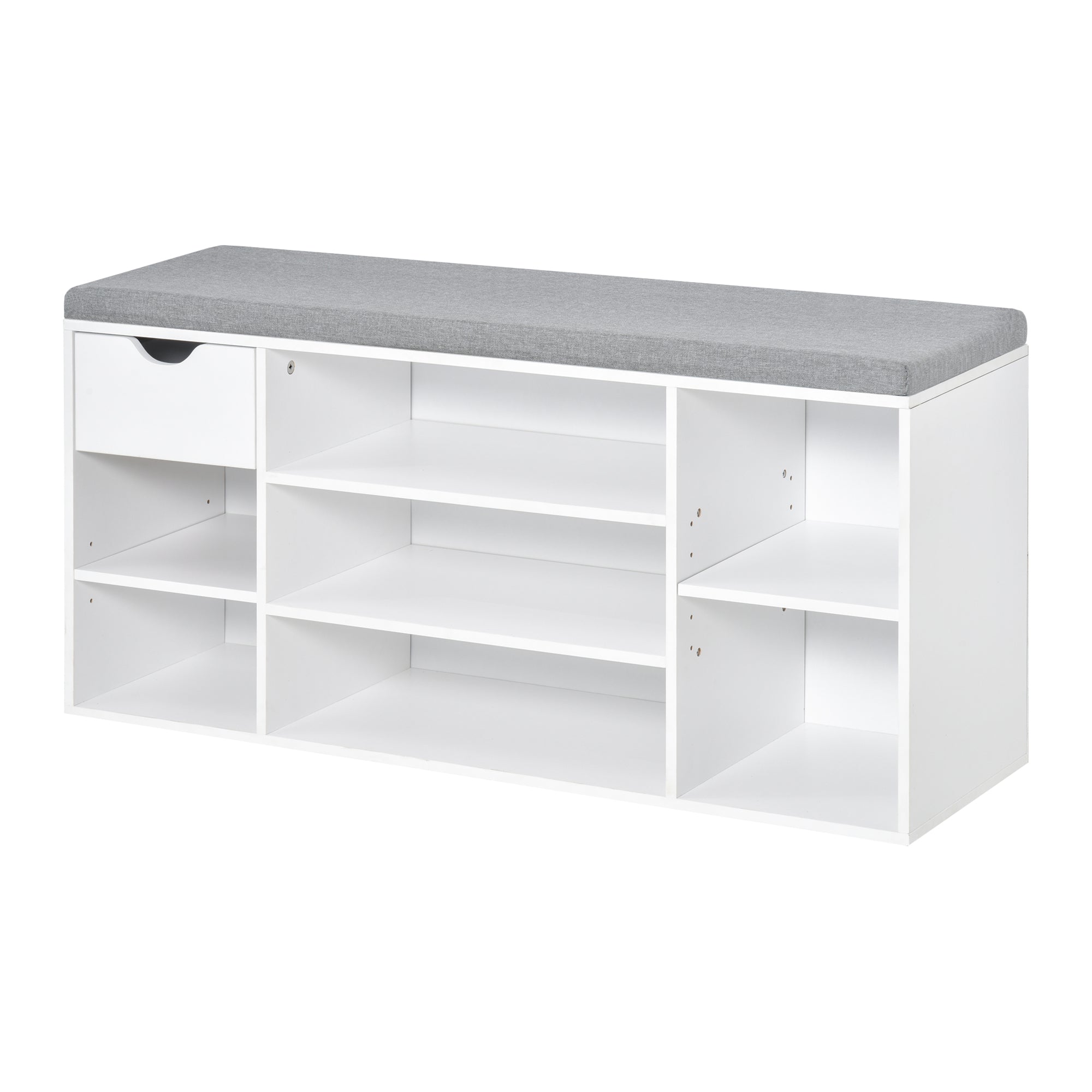 Banc à chaussures meuble à chaussures avec coussin d'assise, étagères réglables, compartiments ouverts et tiroir, banc d'entrée, couloir, chambre, 101 x 29 x 47,5 cm, blanc et gris