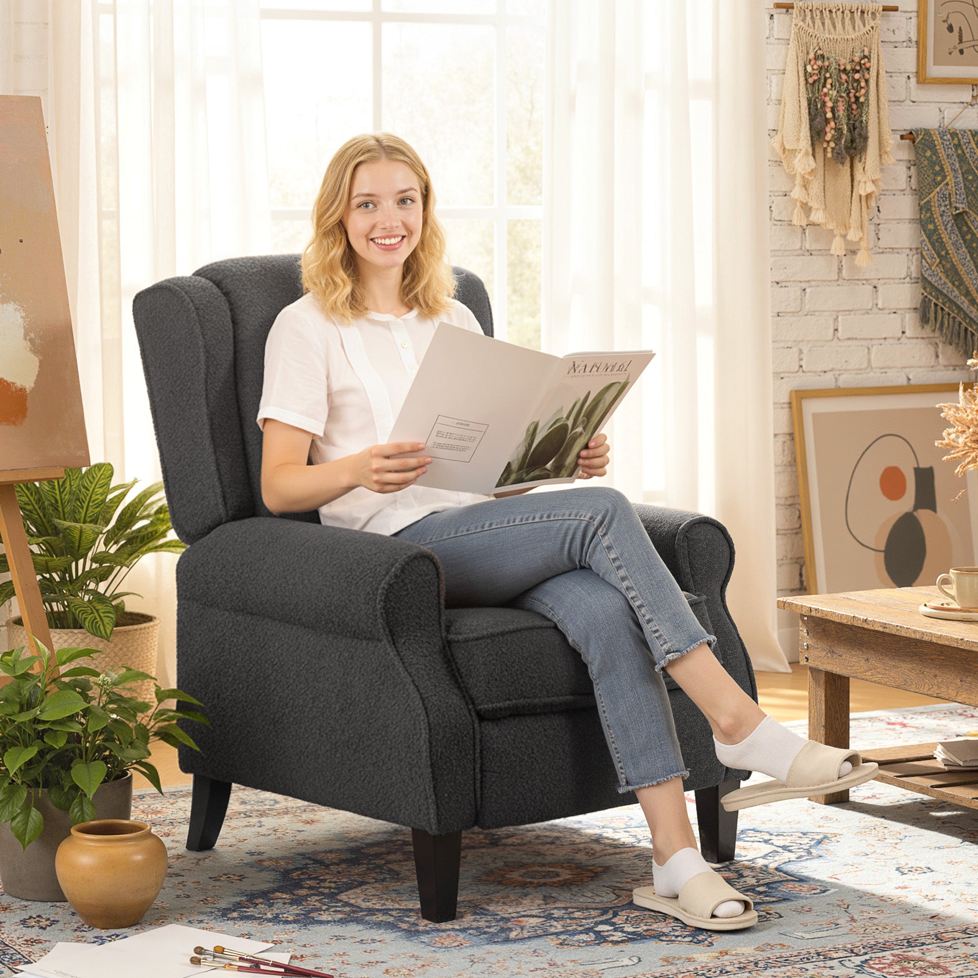 Fauteuil inclinable en polaire Teddy, fauteuil de relaxation avec repose-pieds extensible, assise rembourrée, Ressorts ensachés, pour salon, bureau, home cinéma, gris foncé