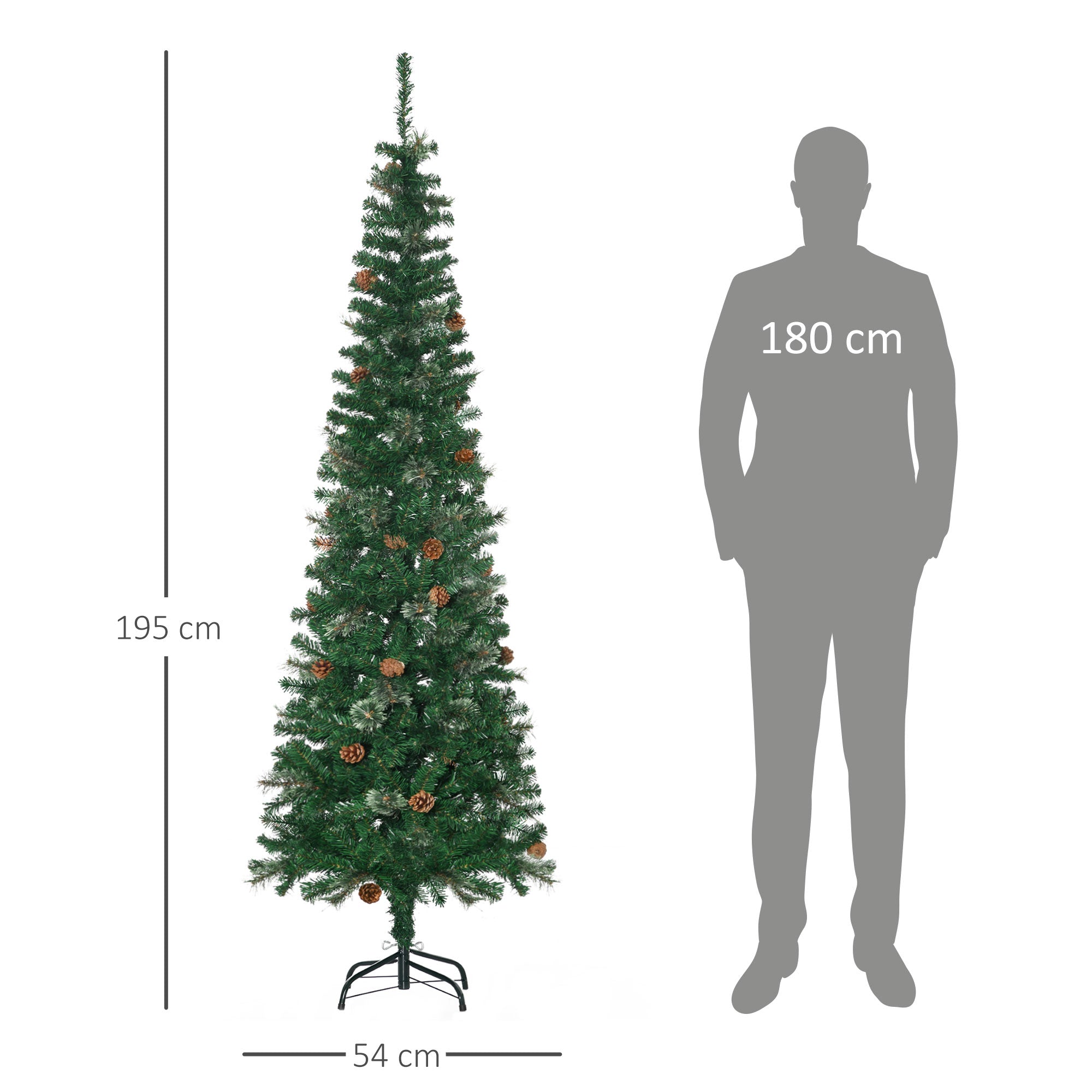 Sapin arbre de Noël artificiel 195 cm 556 branches avec 27 pommes de pin+ support pied pliable vert