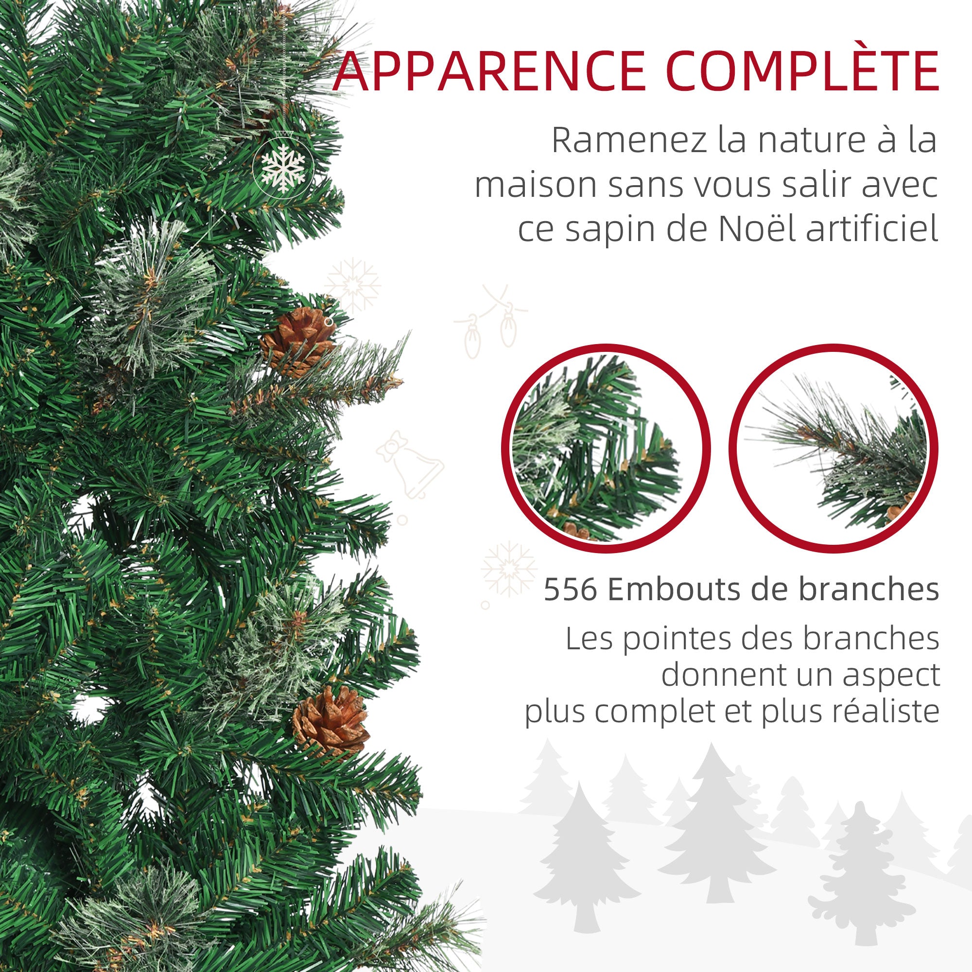 Sapin arbre de Noël artificiel 195 cm 556 branches avec 27 pommes de pin+ support pied pliable vert