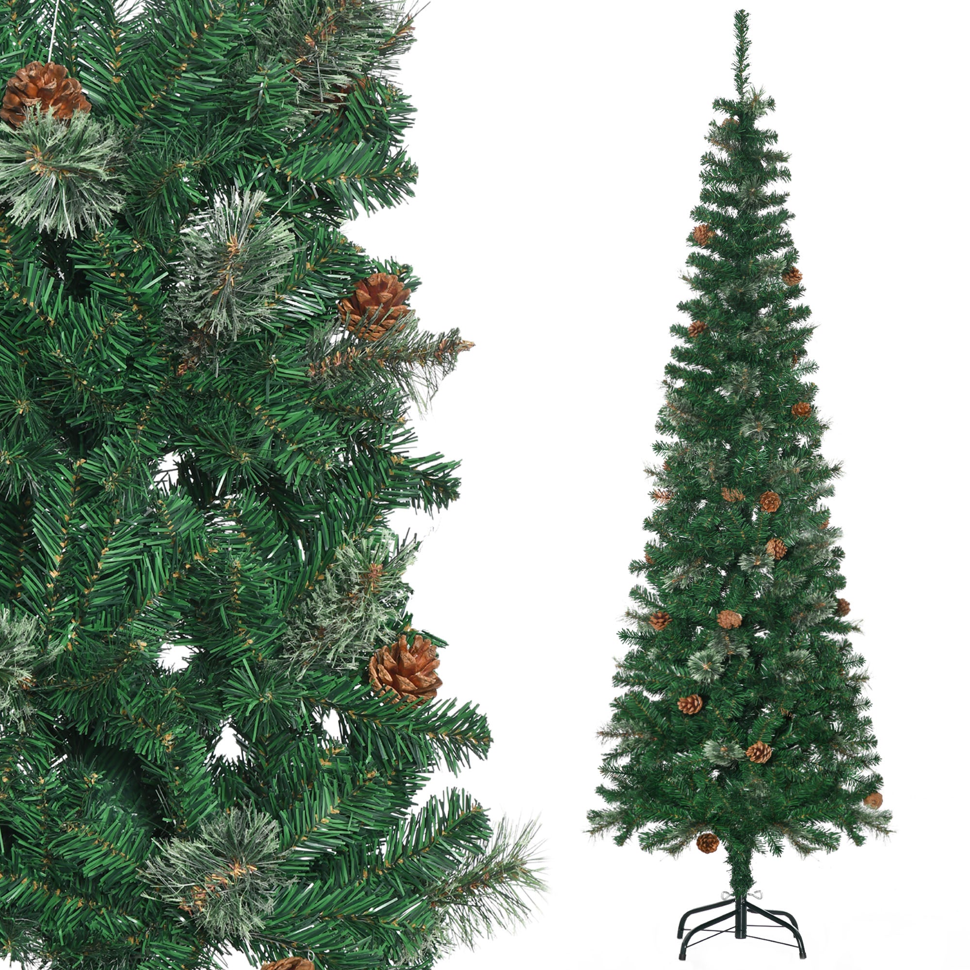 Sapin arbre de Noël artificiel 195 cm 556 branches avec 27 pommes de pin+ support pied pliable vert