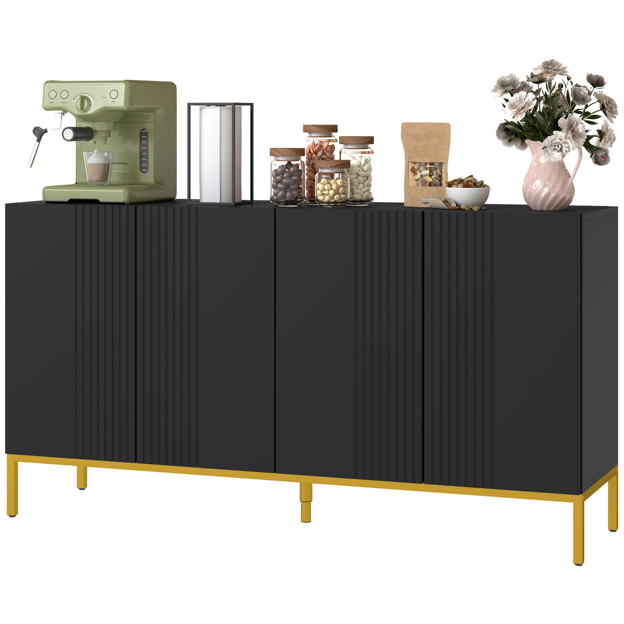 Buffet menuble de rangement design contemporain graphique 2 placards porte étagères réglables en bois noir métal doré