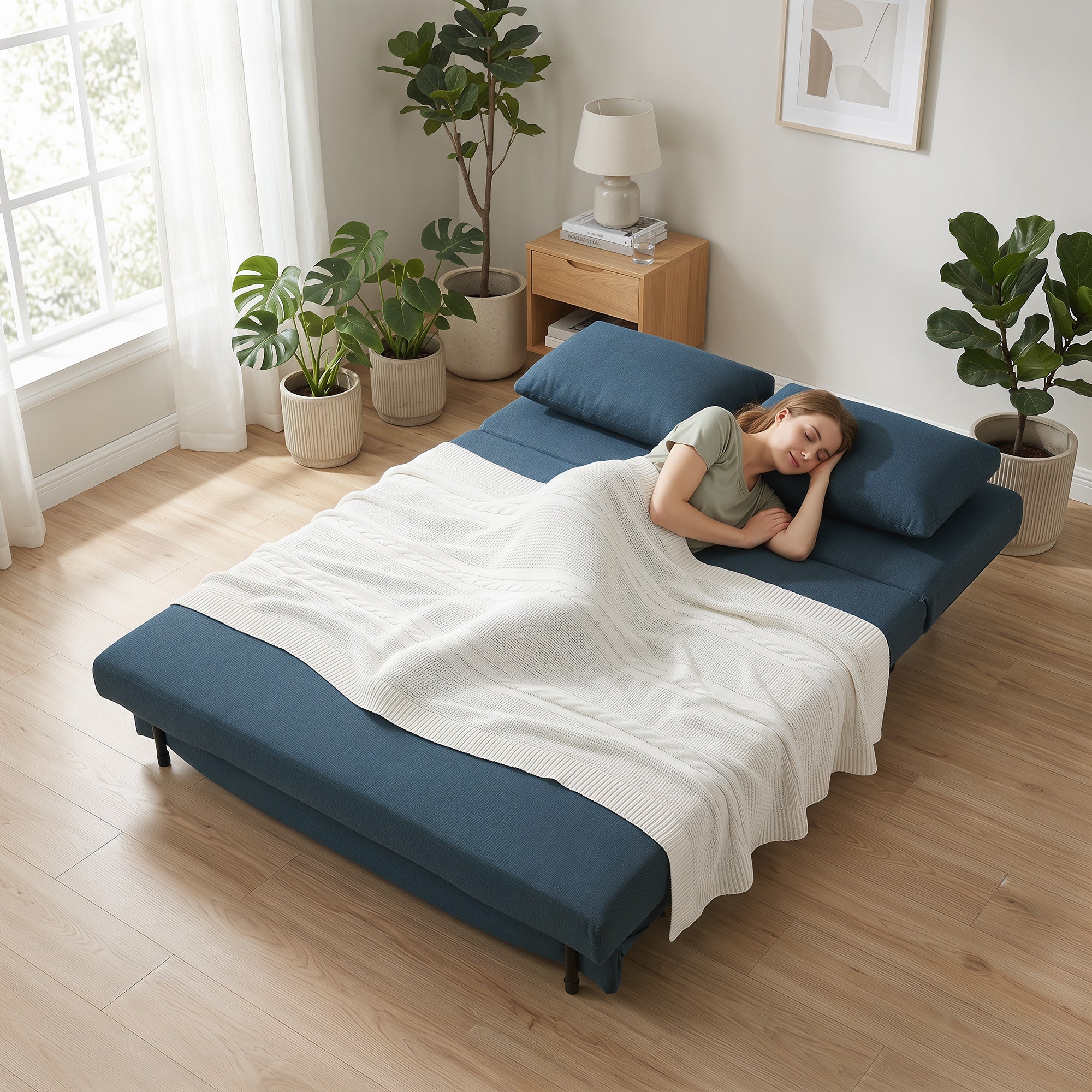 Canapé Convertible 2 Places, 135 x 188 cm, Canapé-Lit Clic-Clac 3 en 1 avec Dossier Réglable, Oreillers, Assise Large, Ressorts en S, Rembourré en Lin, pour Invités, Salon, Bureau, Bleu