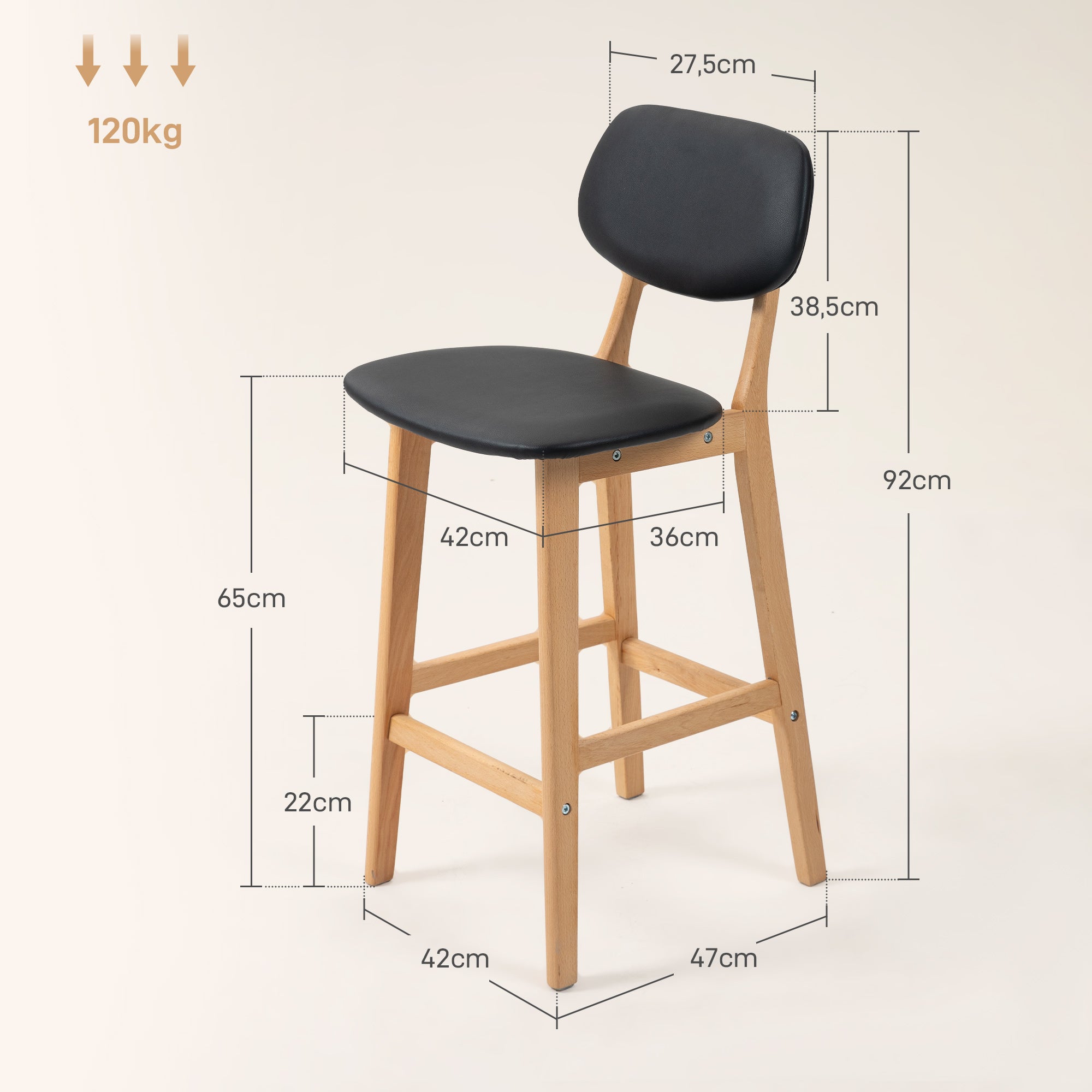Lot de 2 tabourets de bar, chaises de bar modernes rembourré, assise 65 cm, dossier, repose-pieds et pieds en bois, tabourets de cuisine en cuir synthétique, pour salle à manger, cuisine, noir