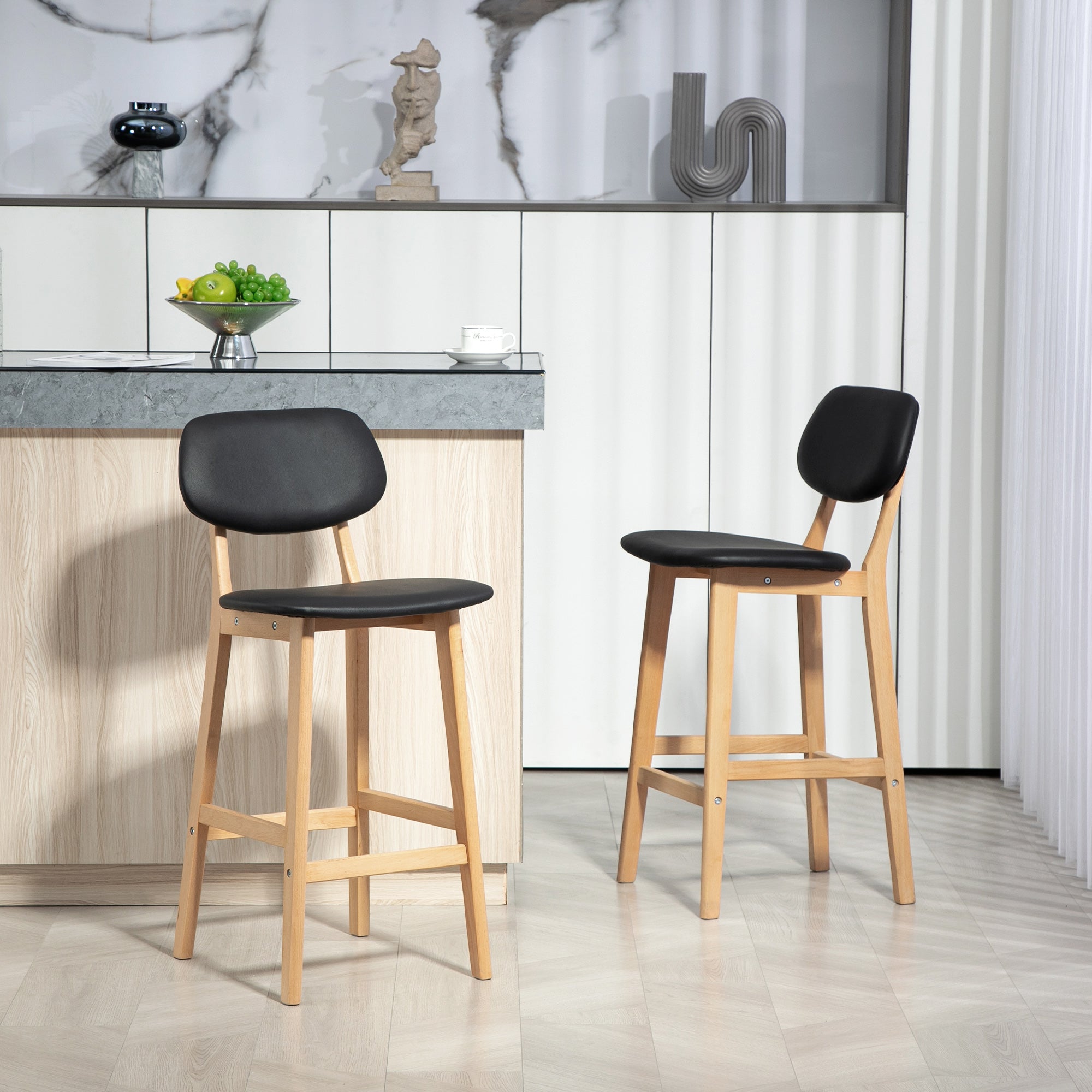 Lot de 2 tabourets de bar, chaises de bar modernes rembourré, assise 65 cm, dossier, repose-pieds et pieds en bois, tabourets de cuisine en cuir synthétique, pour salle à manger, cuisine, noir