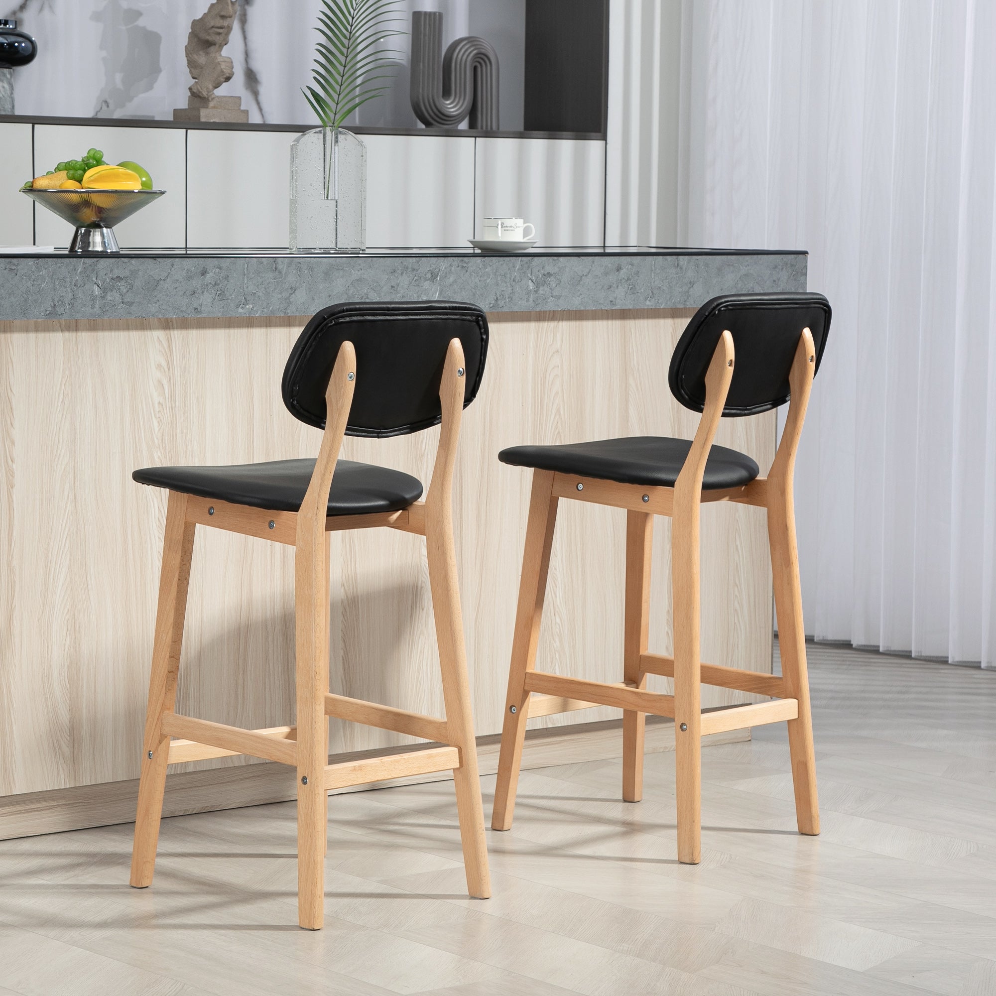 Lot de 2 tabourets de bar, chaises de bar modernes rembourré, assise 65 cm, dossier, repose-pieds et pieds en bois, tabourets de cuisine en cuir synthétique, pour salle à manger, cuisine, noir