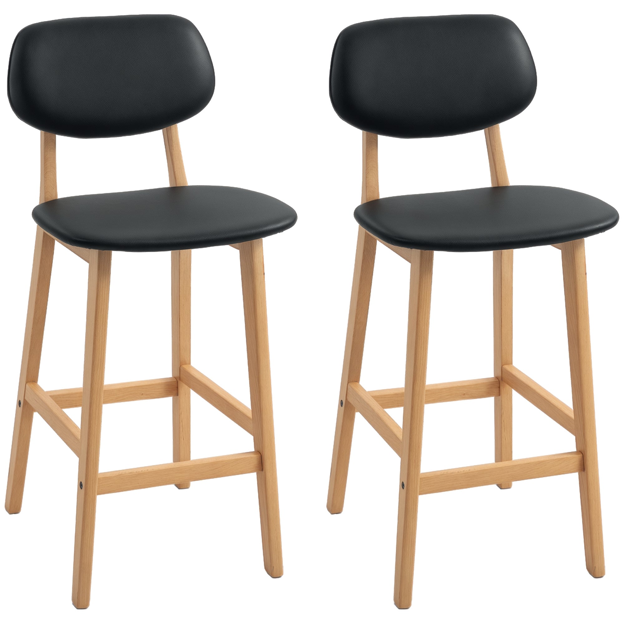 Lot de 2 tabourets de bar, chaises de bar modernes rembourré, assise 65 cm, dossier, repose-pieds et pieds en bois, tabourets de cuisine en cuir synthétique, pour salle à manger, cuisine, noir