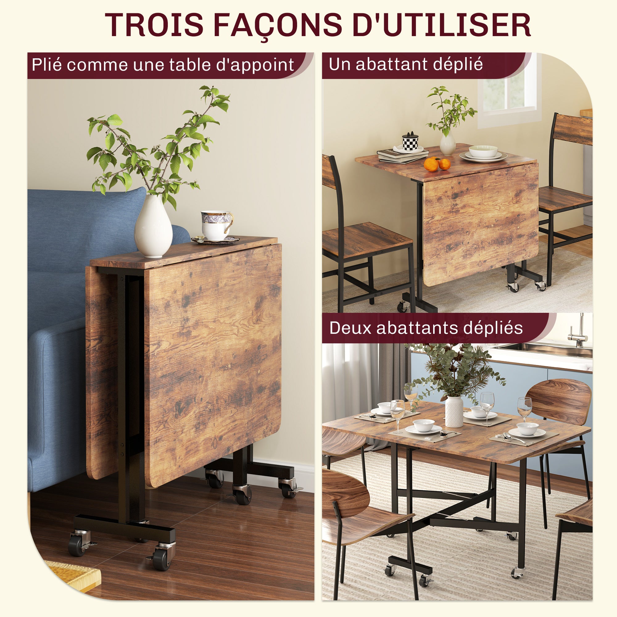 Table pliante cuisine, table à manger pliable, avec 2 abattants, 6 roues avec freins, pour 4-6 personnes, charge 100 kg, pieds en acier, 120 x 80 x 73 cm, brun rustique